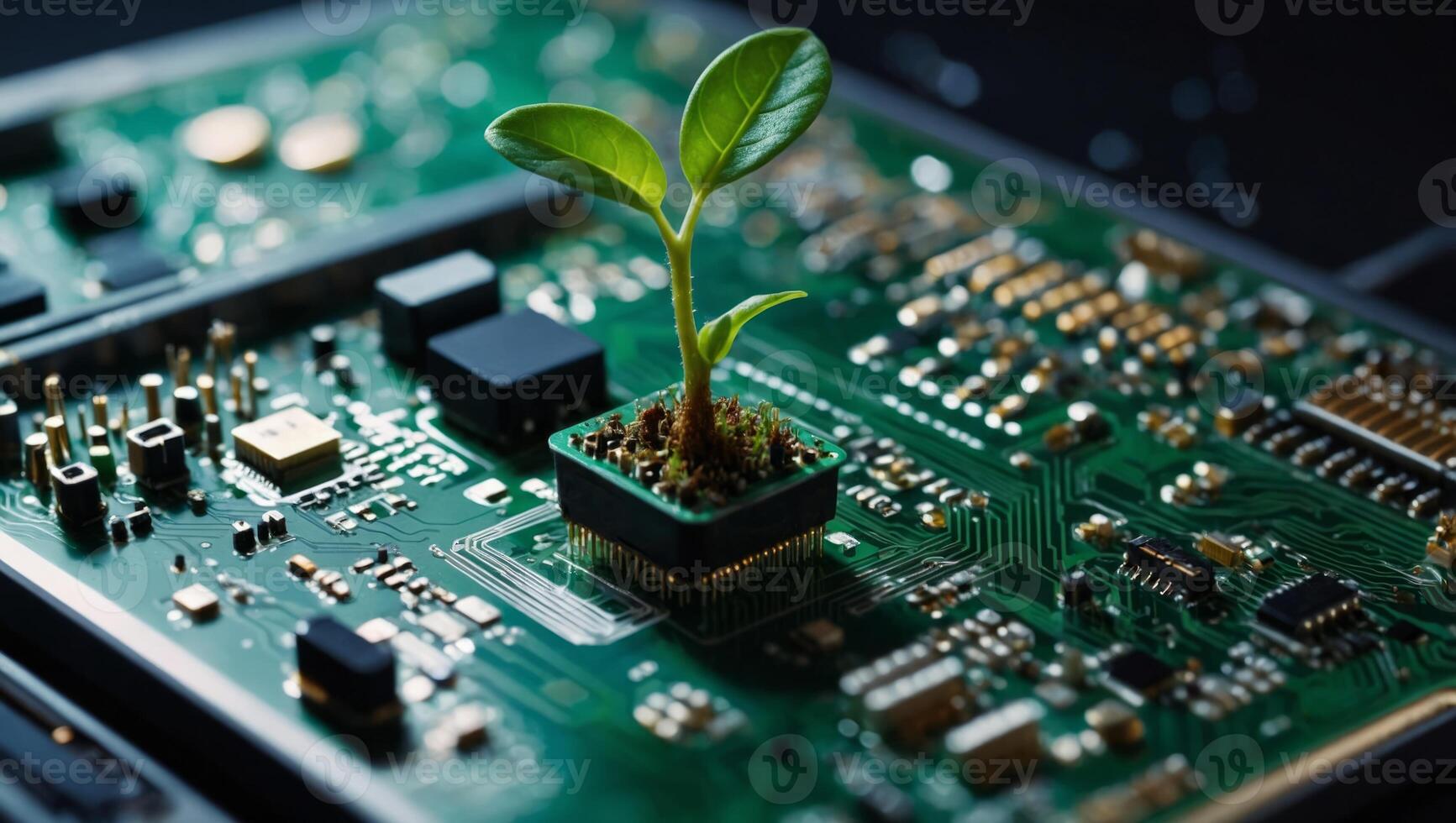 Idea of digital evolution or technological growth, represented by a seedling sprouting from a circuit board, symbolizing the intersection of nature and technology. photo