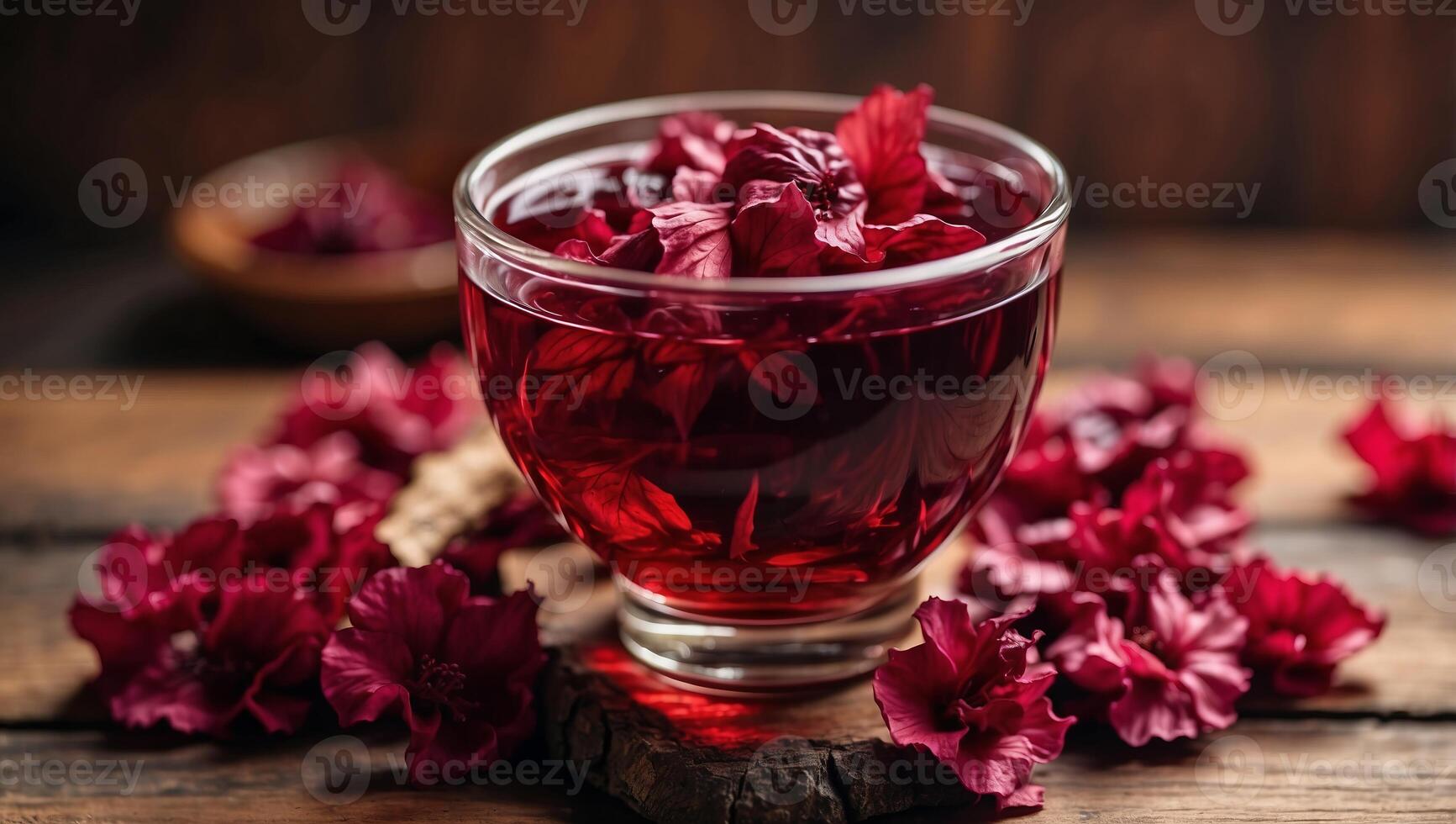 Dry Hibiscus tea On a wooden background Top view Copy space. photo
