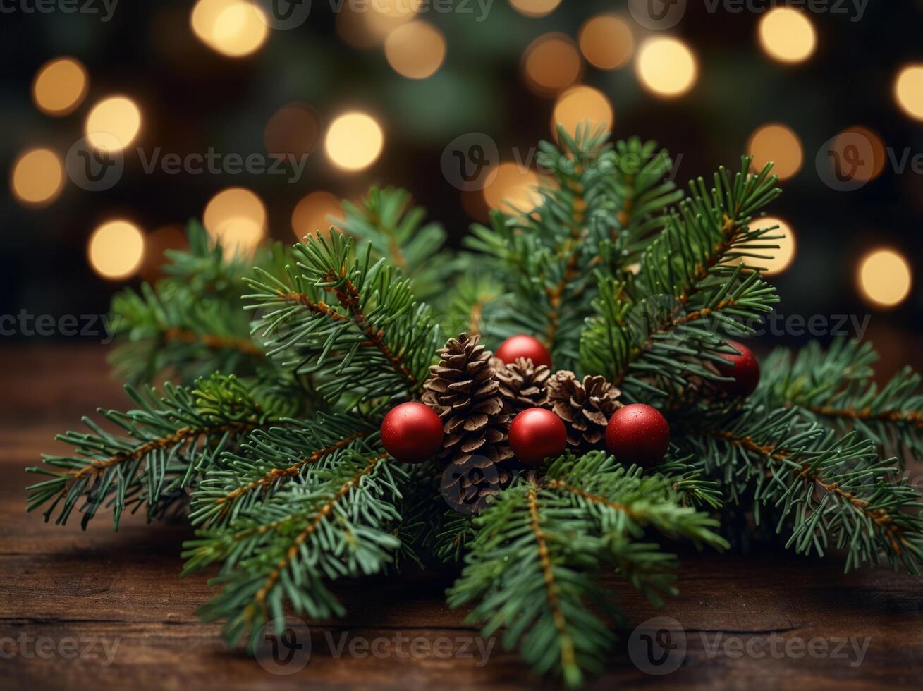 Christmas composition with evergreen branch. photo