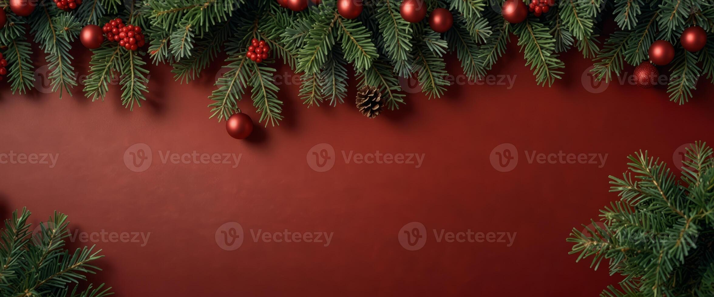 Christmas flat lay composition with fir branches on red background, space for text Winter holidays. photo