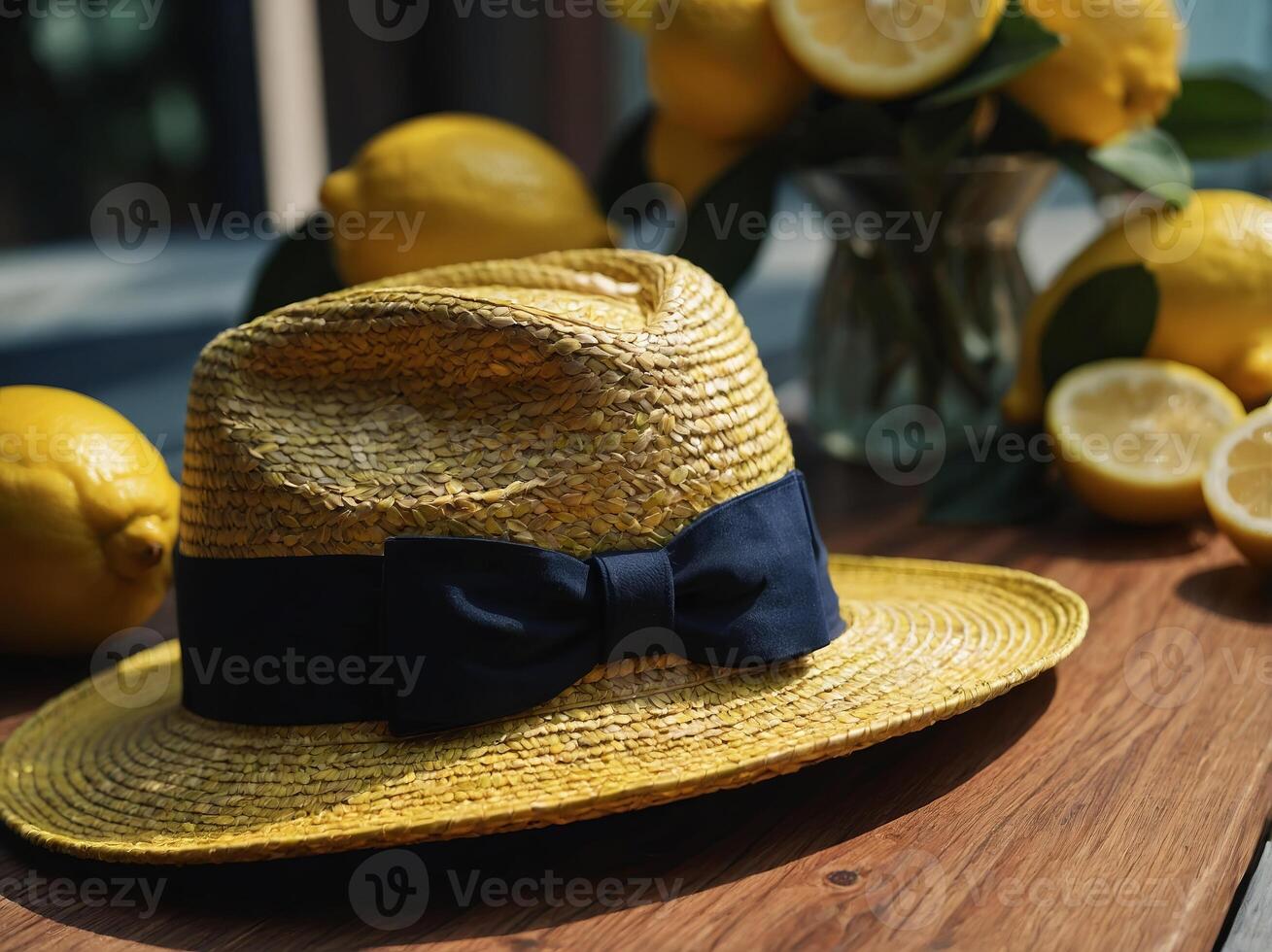 Hat, Sunglasses, Lemons, and Glass on Table. photo