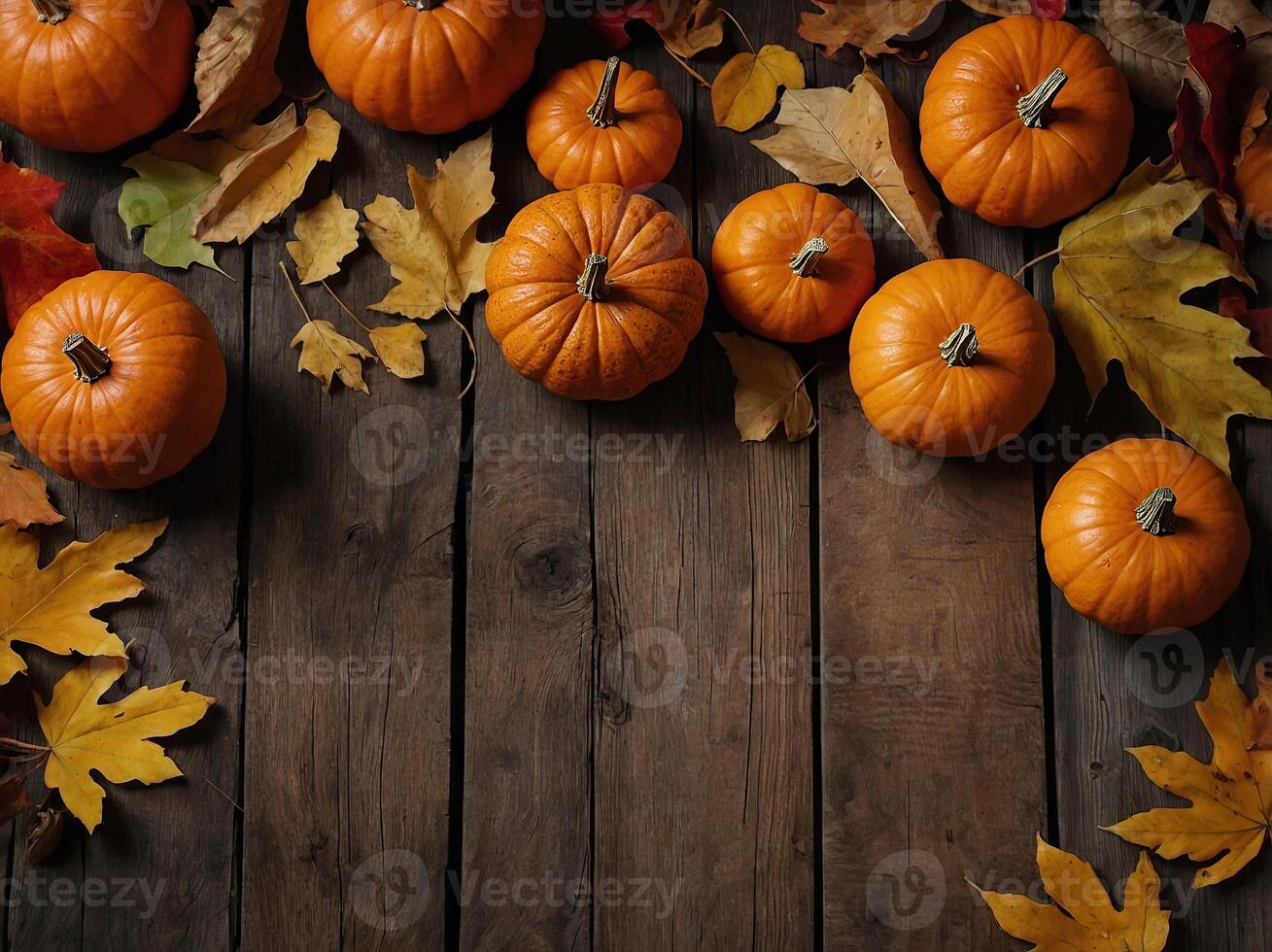 Happy Thanksgiving day concept Autumn composition with ripe orange pumpkins, fallen leaves on rustic wooden table Flat lay, top view, copy space. photo