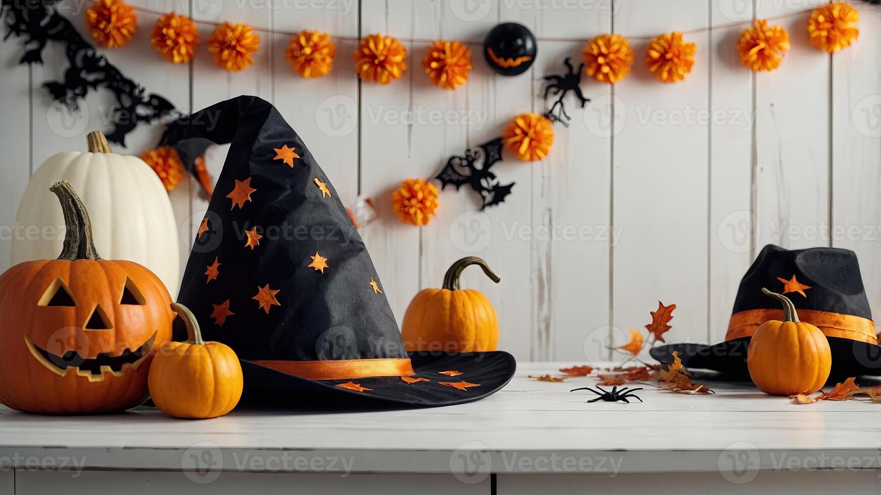 Halloween banner design with witch hat, pumpkins, halloween decorations on white table Halloween home interior design. photo