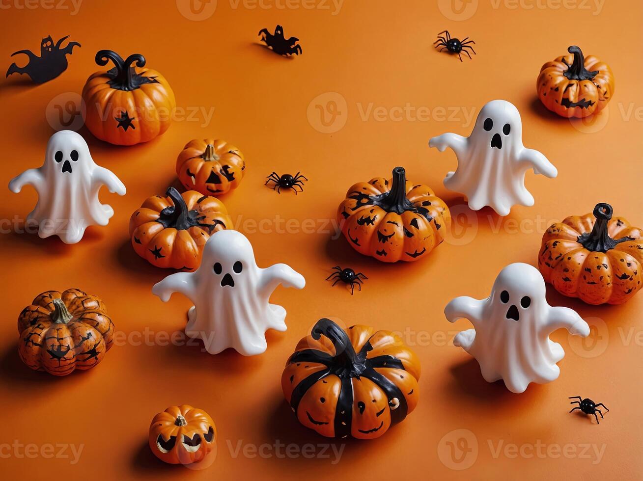 Happy Halloween holiday banner design Ghosts, pumpkins ,spiders on orange background Flat lay, top view, copy space. photo