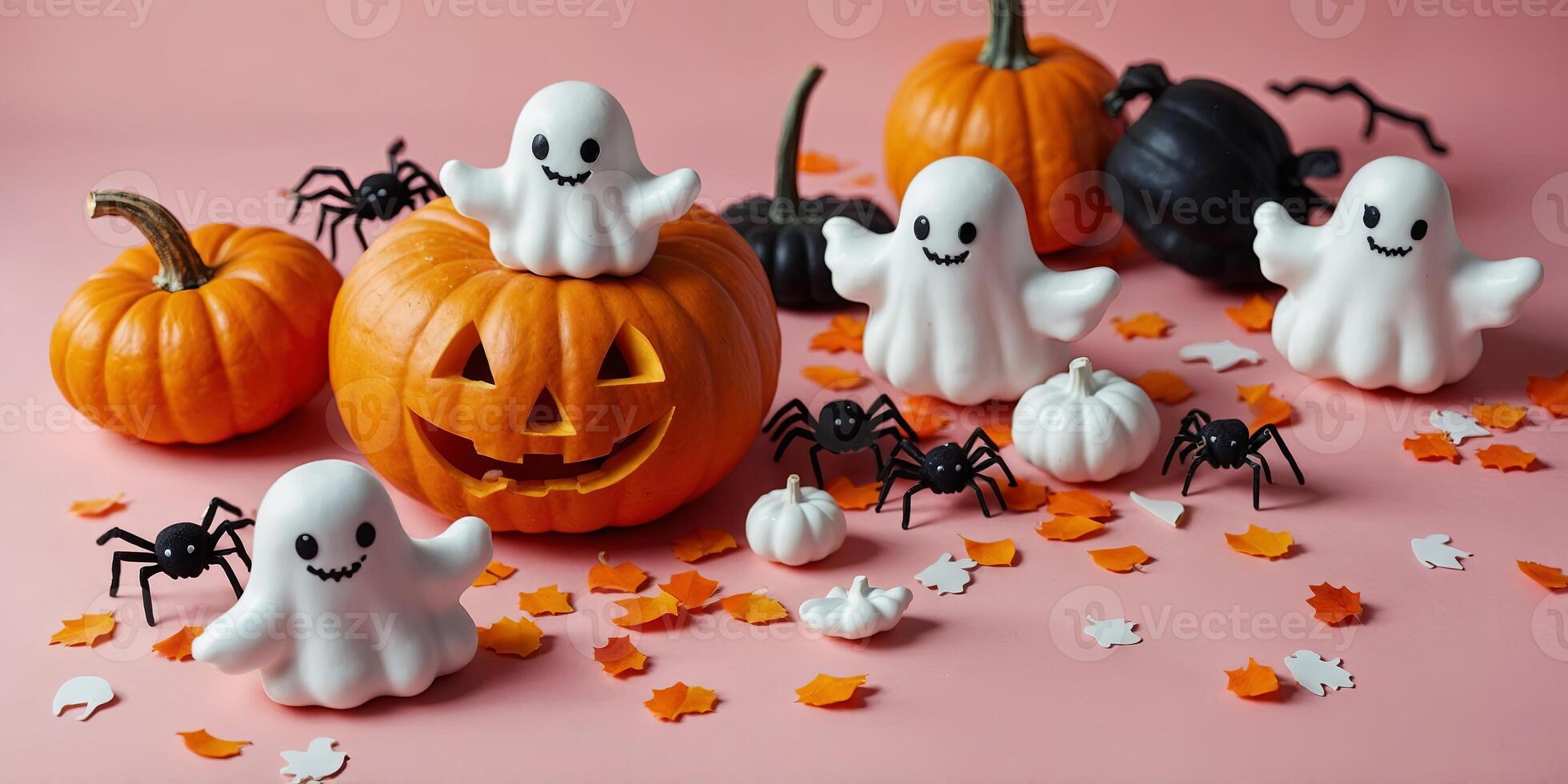 Happy Halloween concept Flat lay composition with cute ghosts, orange pumpkins, spiders, confetti on pink background Top view, copy space. photo