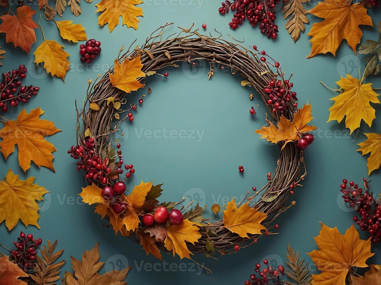 Happy Thanksgiving concept Wreath with autumn fall leaves, berries, branches. photo