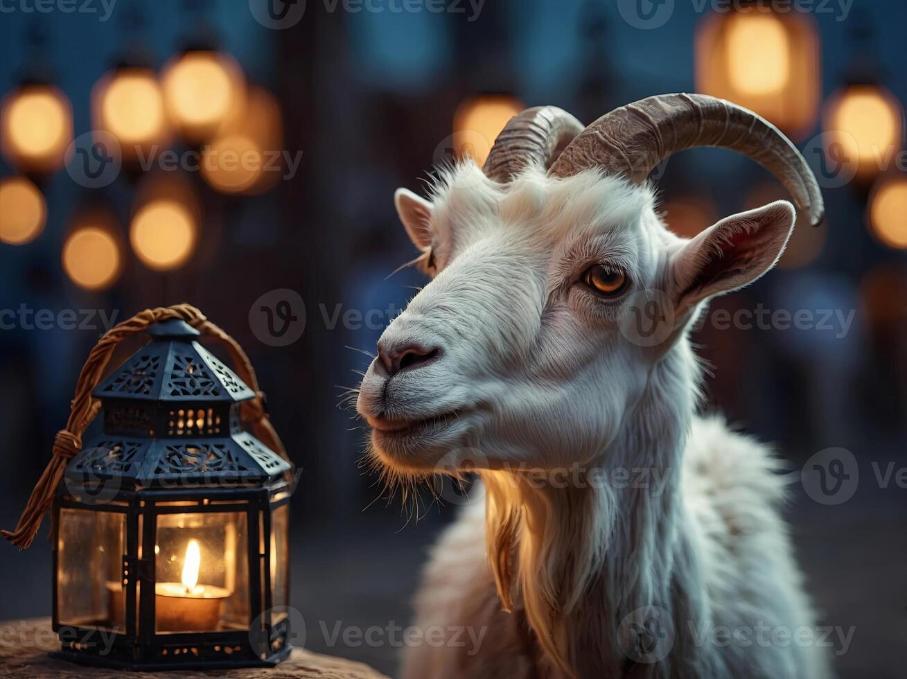 Islamic Festival Background with Goat Qurban Eid al-Adha Mubarak, Featuring Bokeh Lights and Lantern, Eid Mubarak. photo