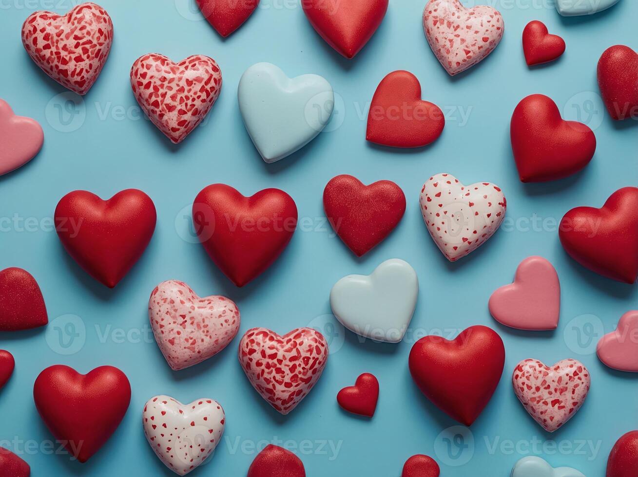 Happy Valentine's Day concept Red hearts shaped decoration on pastel blue background Flat lay, top view, copy space Valentines Day banner design, header template. photo
