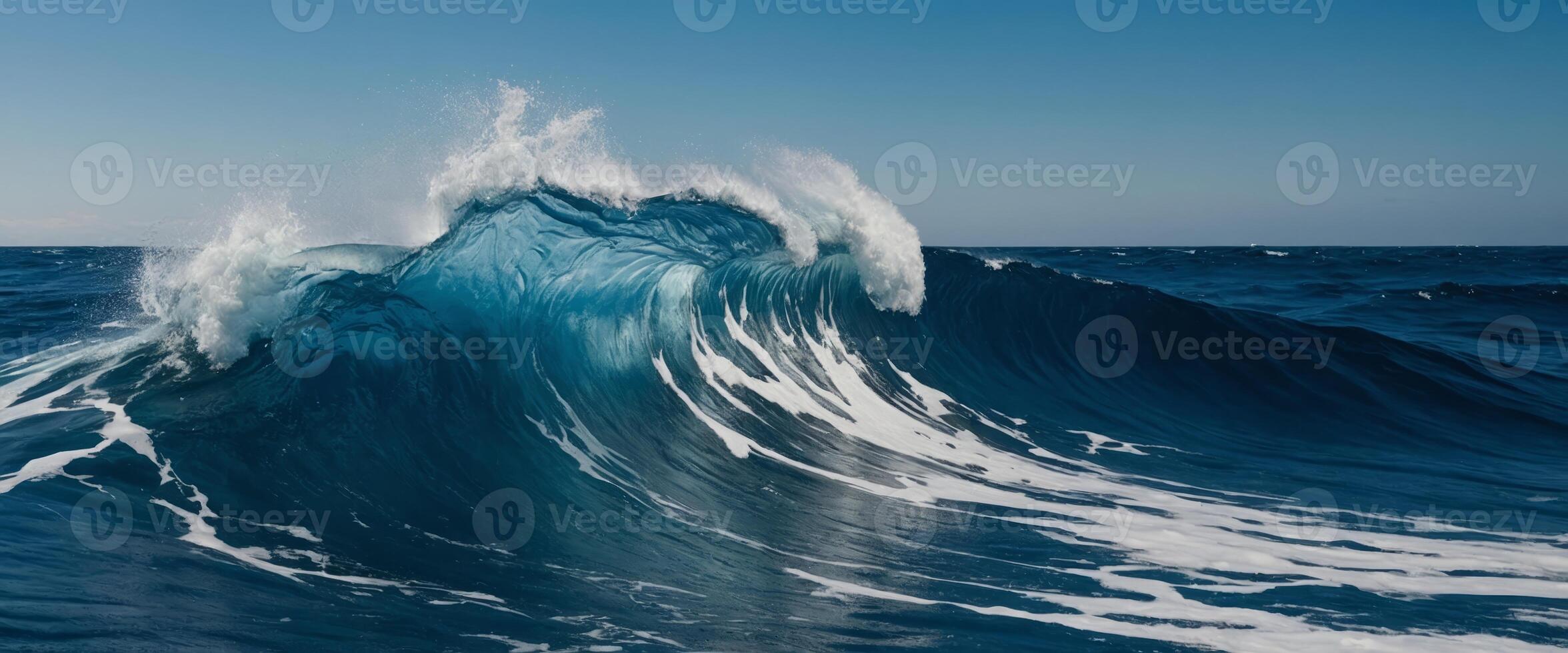 Intense deep blue ocean waves frozen in time displaying the raw power and beauty of nature's movements. photo