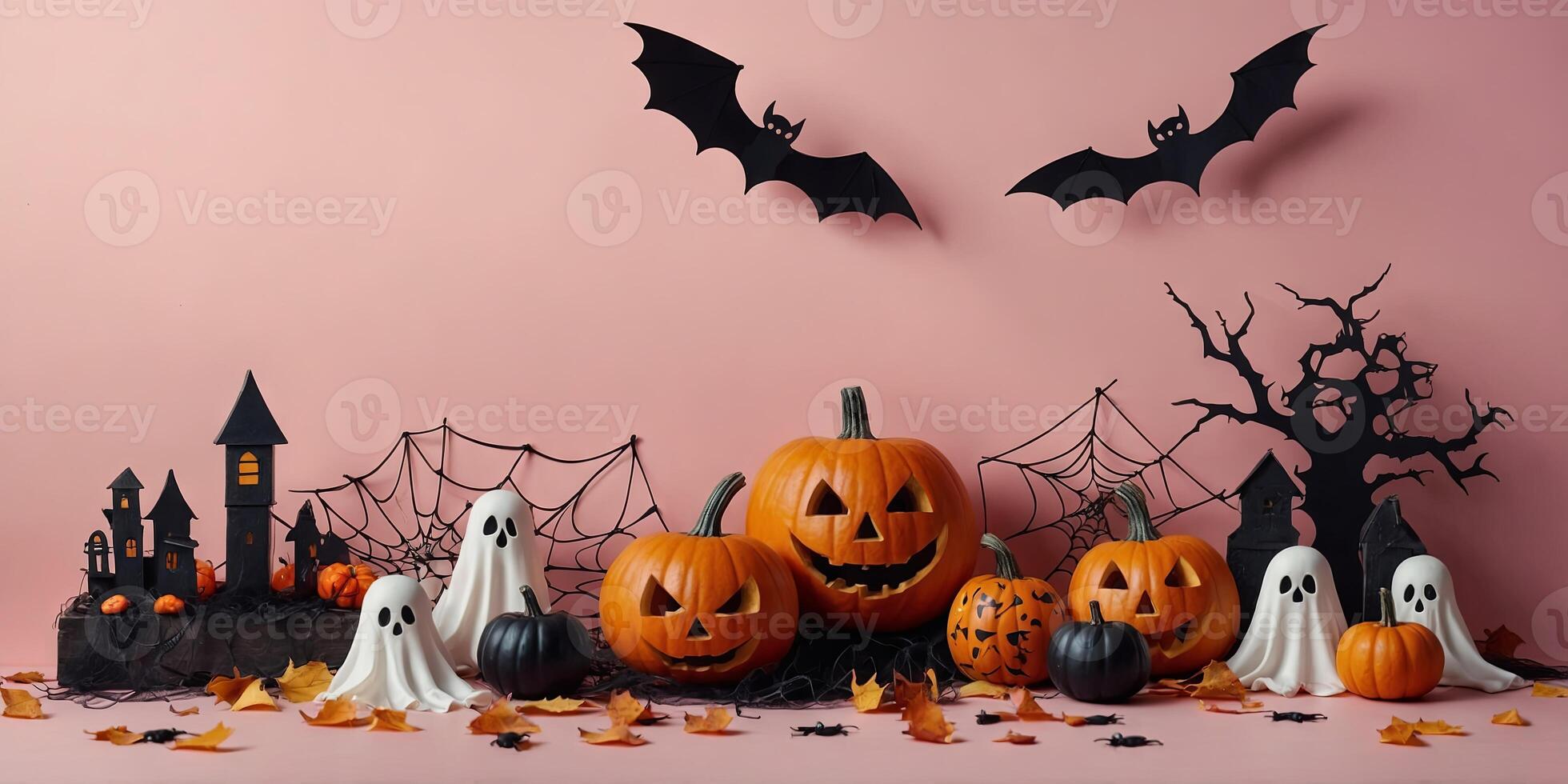 Halloween decorations on pastel pink background Happy Halloween concept Flat lay composition with ghosts, spiders, webs, bats silhouettes. photo