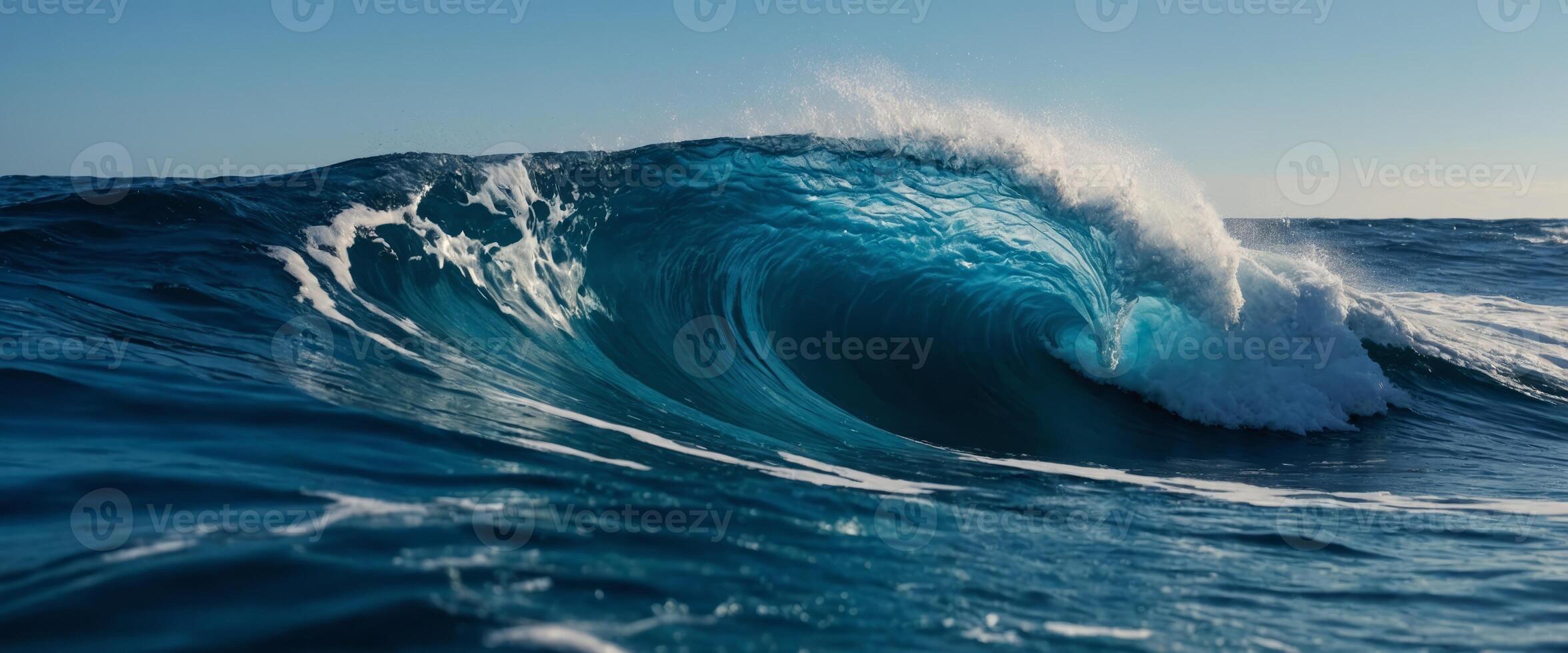 Intense deep blue ocean waves frozen in time displaying the raw power and beauty of nature's movements. photo
