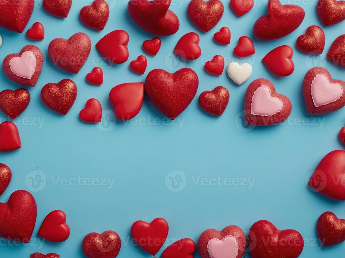 Happy Valentine's Day concept Red hearts shaped decoration on pastel blue background Flat lay, top view, copy space Valentines Day banner design, header template. photo