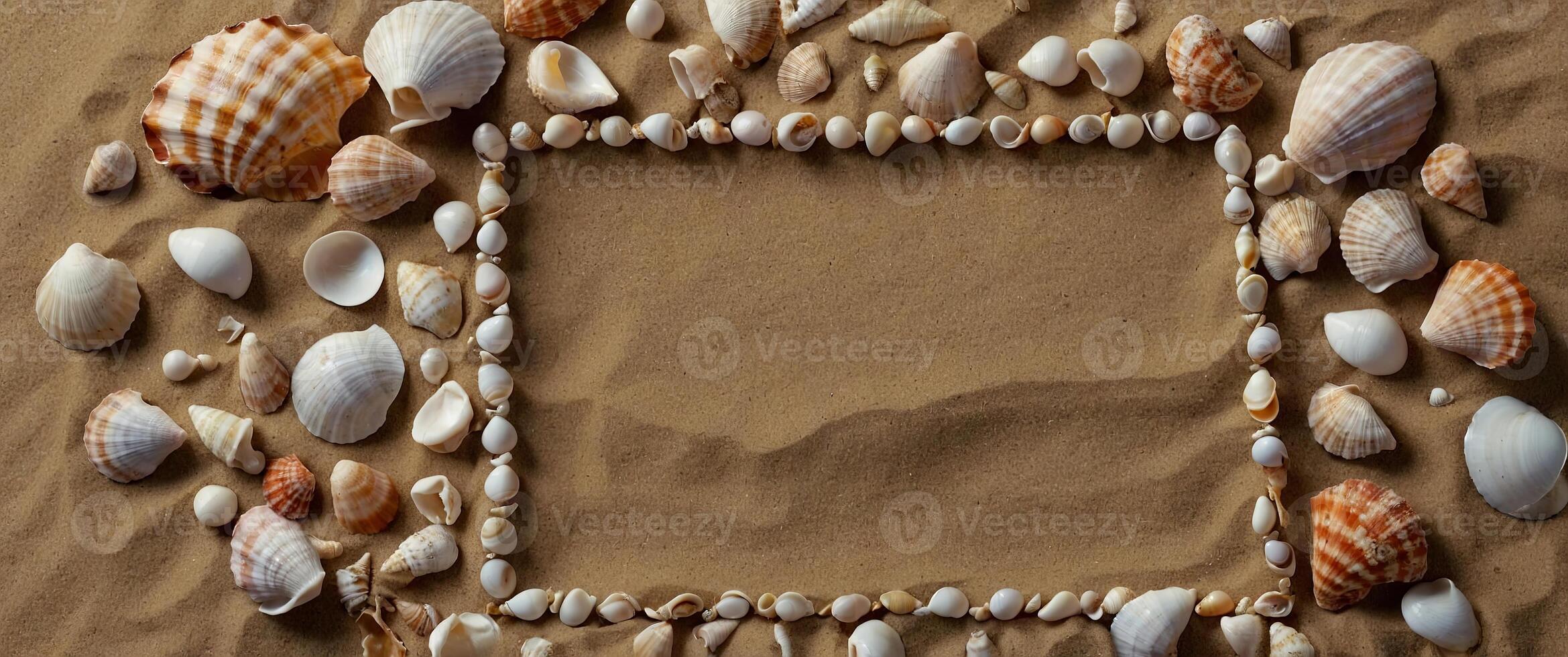Frame made of seashells on sand color background Summer, vacation concept Flat lay, top view, overhead. photo
