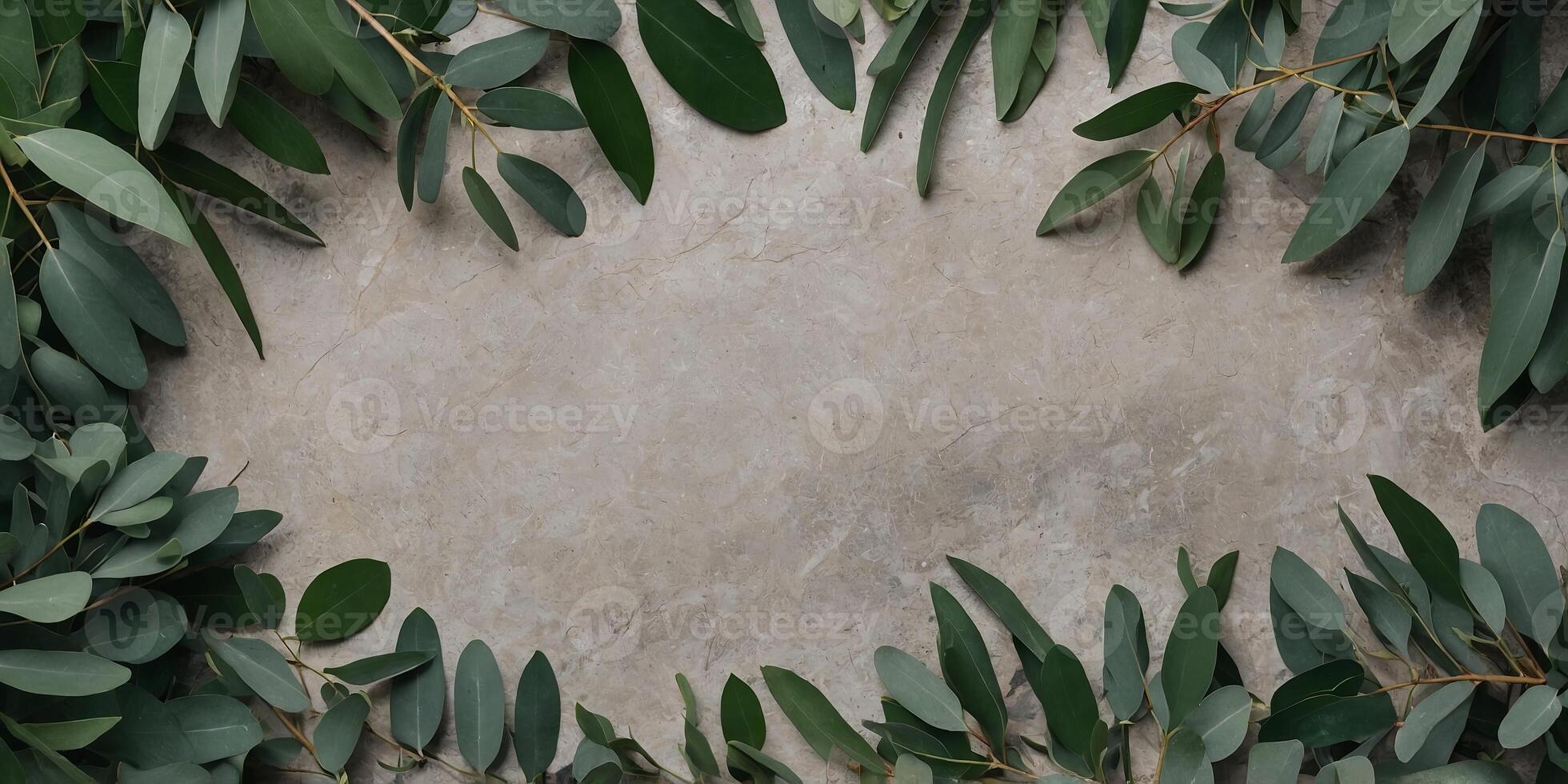 Green eucalyptus leaves on stone table Frame made of eucalyptus branches Flat lay, top view, copy space. photo