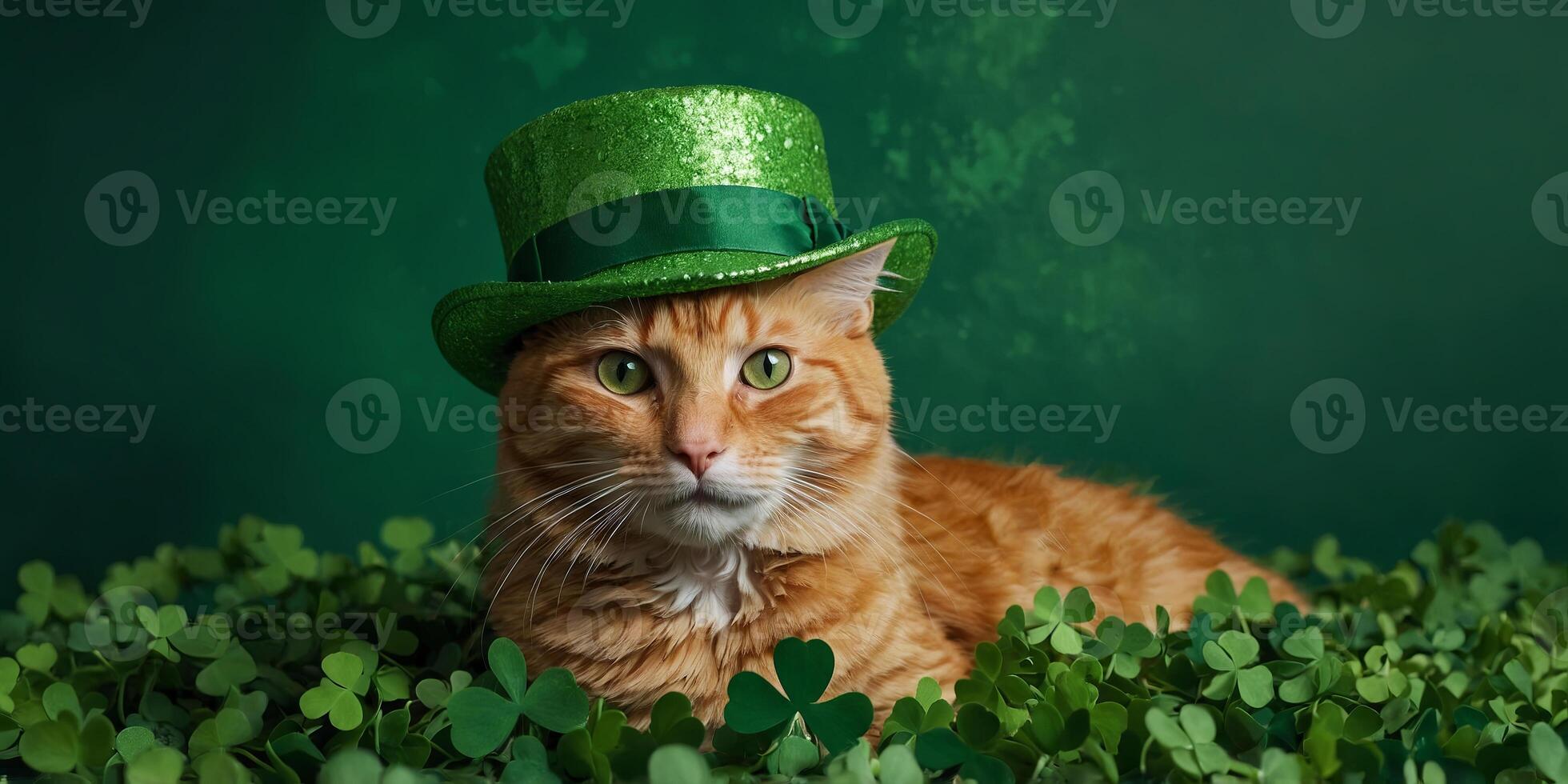 Ginger cat wearing green hat with shamrocks on green background St Patrick's Day celebration Funny cute pet concept Ireland, and Irish holidays Banner, poster with copy space. photo