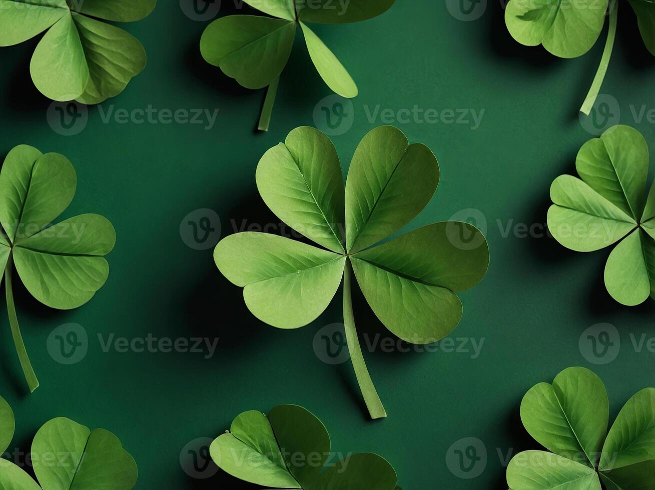 Four-leaf clover on green background for St Patricks Day Paper art and craft style. photo