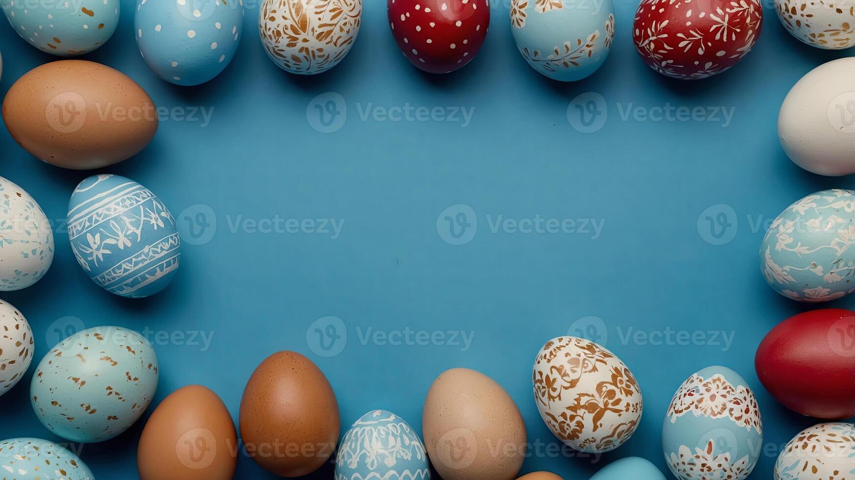 Frame of Easter eggs on a blue background Top view, vertical. photo