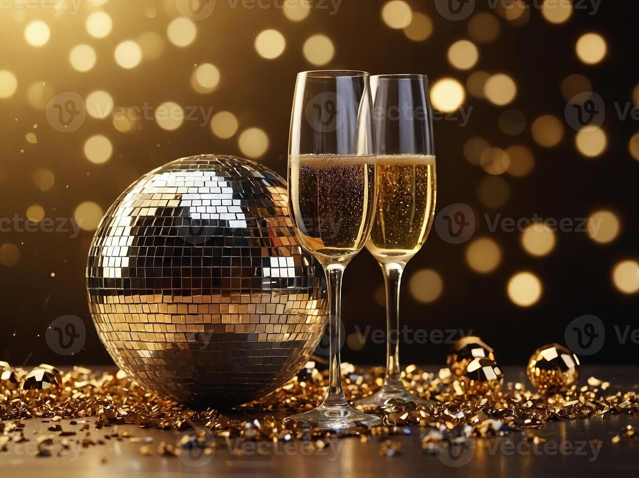 Glasses of champagne and a bottle, a disco ball on a shining gold surface New Years Eve party background. photo