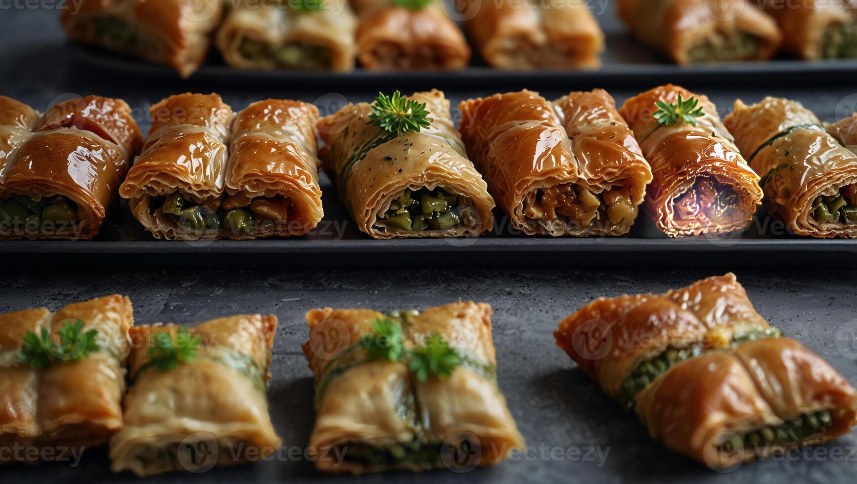 Fresh assorted baklava on gray plate, gray tiles background, copy space Turkish dessert concept. photo