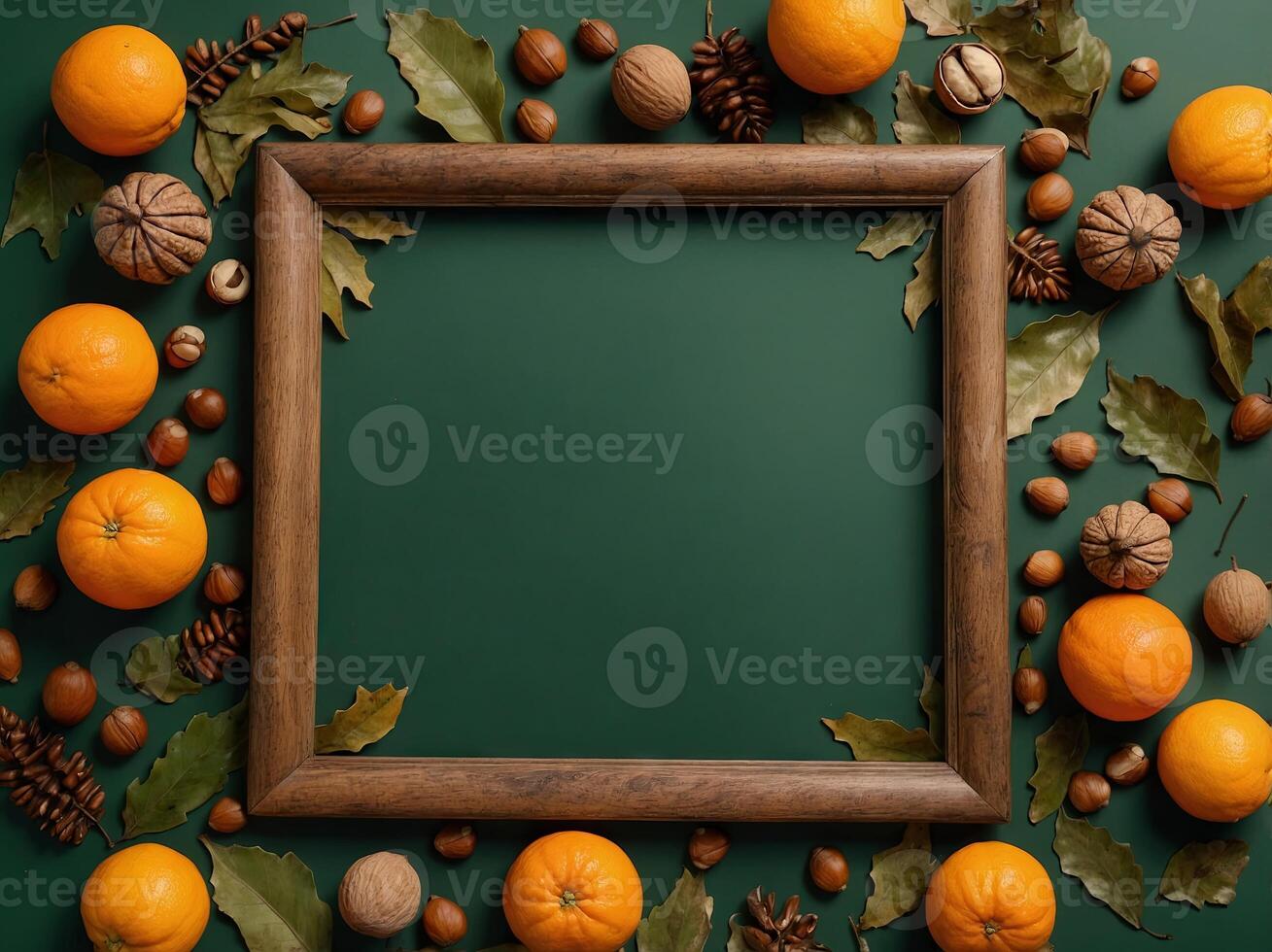 Frame made of oranges, dry oak leaves, nuts, acorns on vintgae green background Autumn fall, Thanksgiving concept. photo