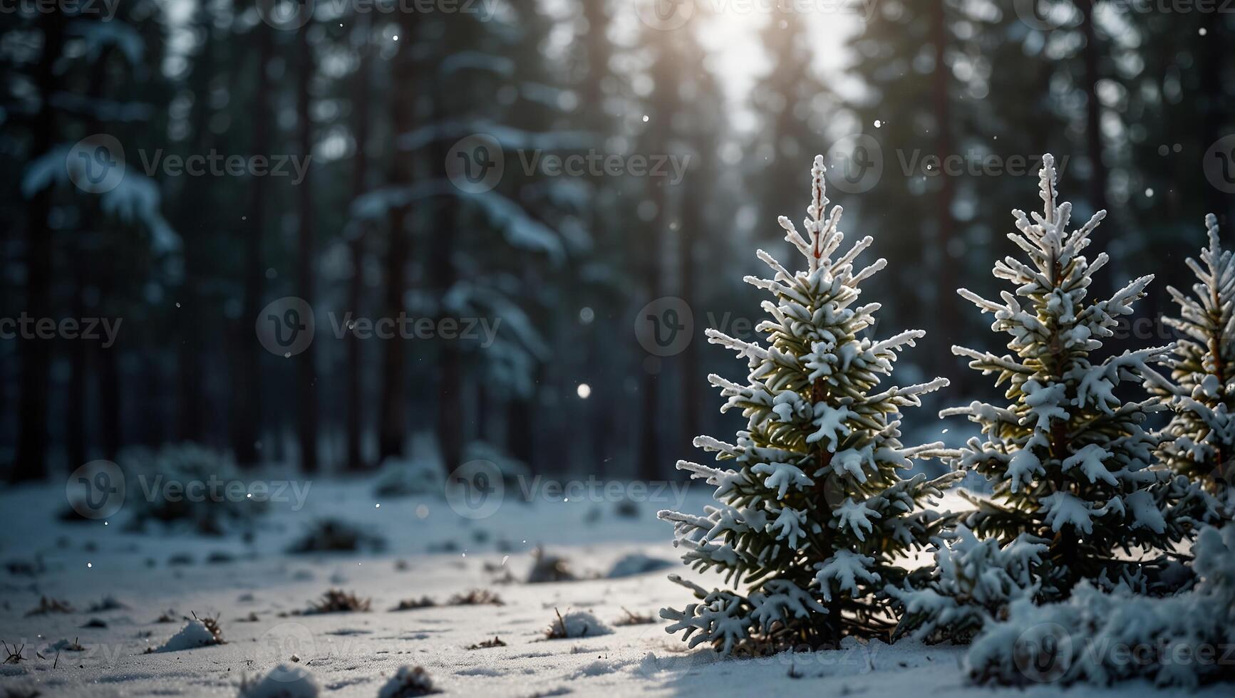 Frosty winter landscape in snowy forest Christmas background with fir trees and blurred background of winter. photo