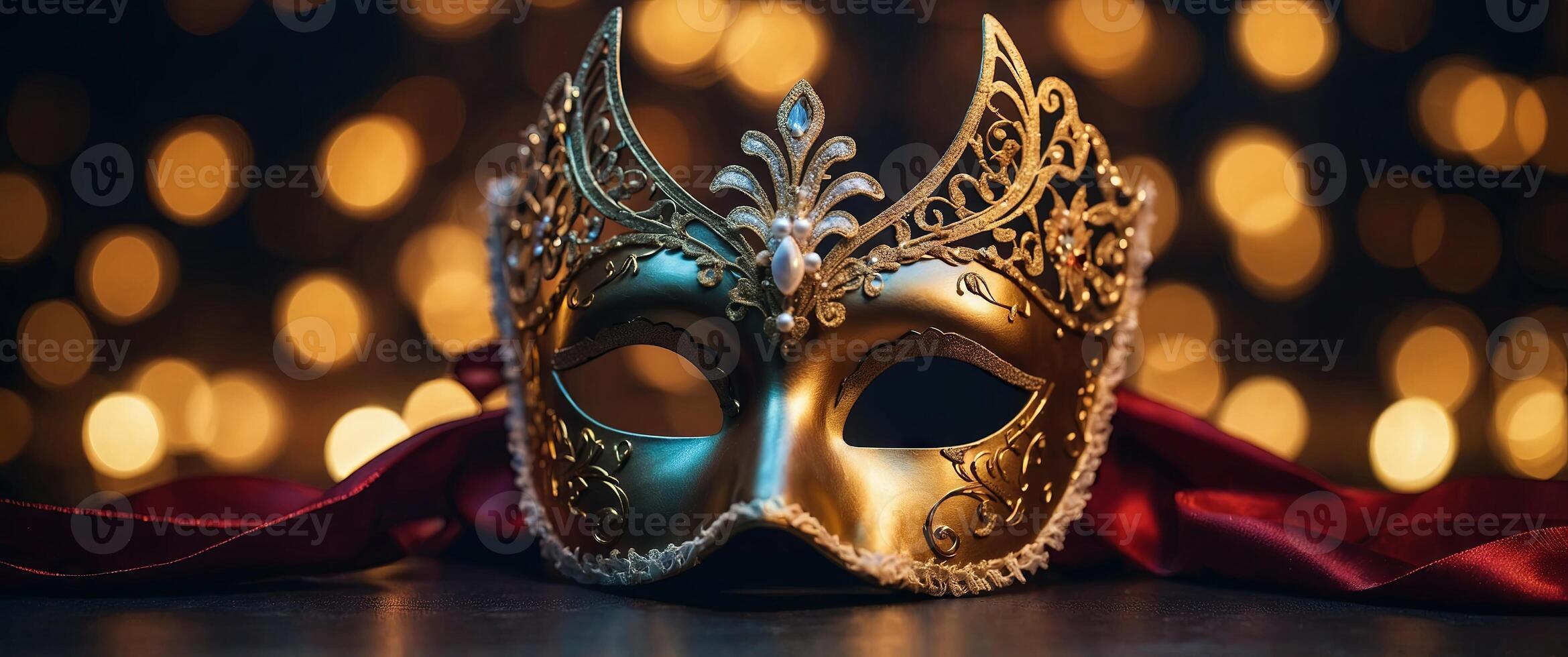 Luxury venetian mask on dark godlen bokeh background New year and christmas party celebration design banner. photo