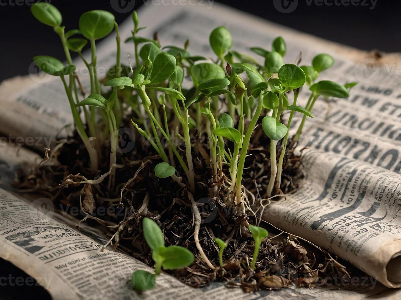 Macro shot of Some Small sprout plants growing from the newspaper, concept of recycle and eco friendly newspaper with copy space, regrow. photo
