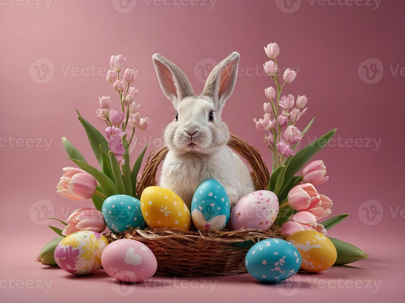 Happy Easter concept Easter poster design with colorful eggs, decorative bunnies and tulips on a pink background. photo