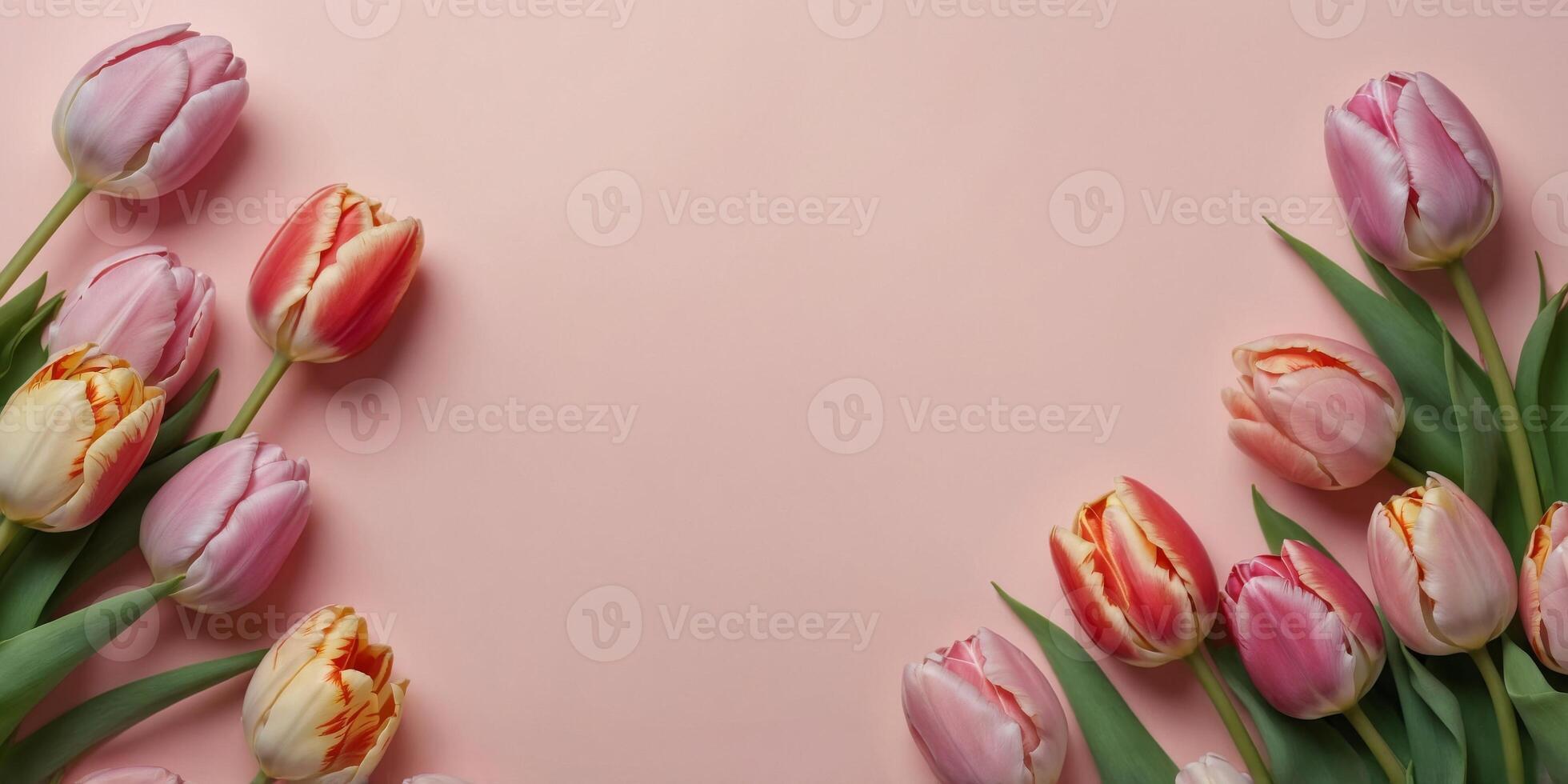 Happy Easter banner design Tulips and Easter eggs on pastel pink background Top view with copy space. photo