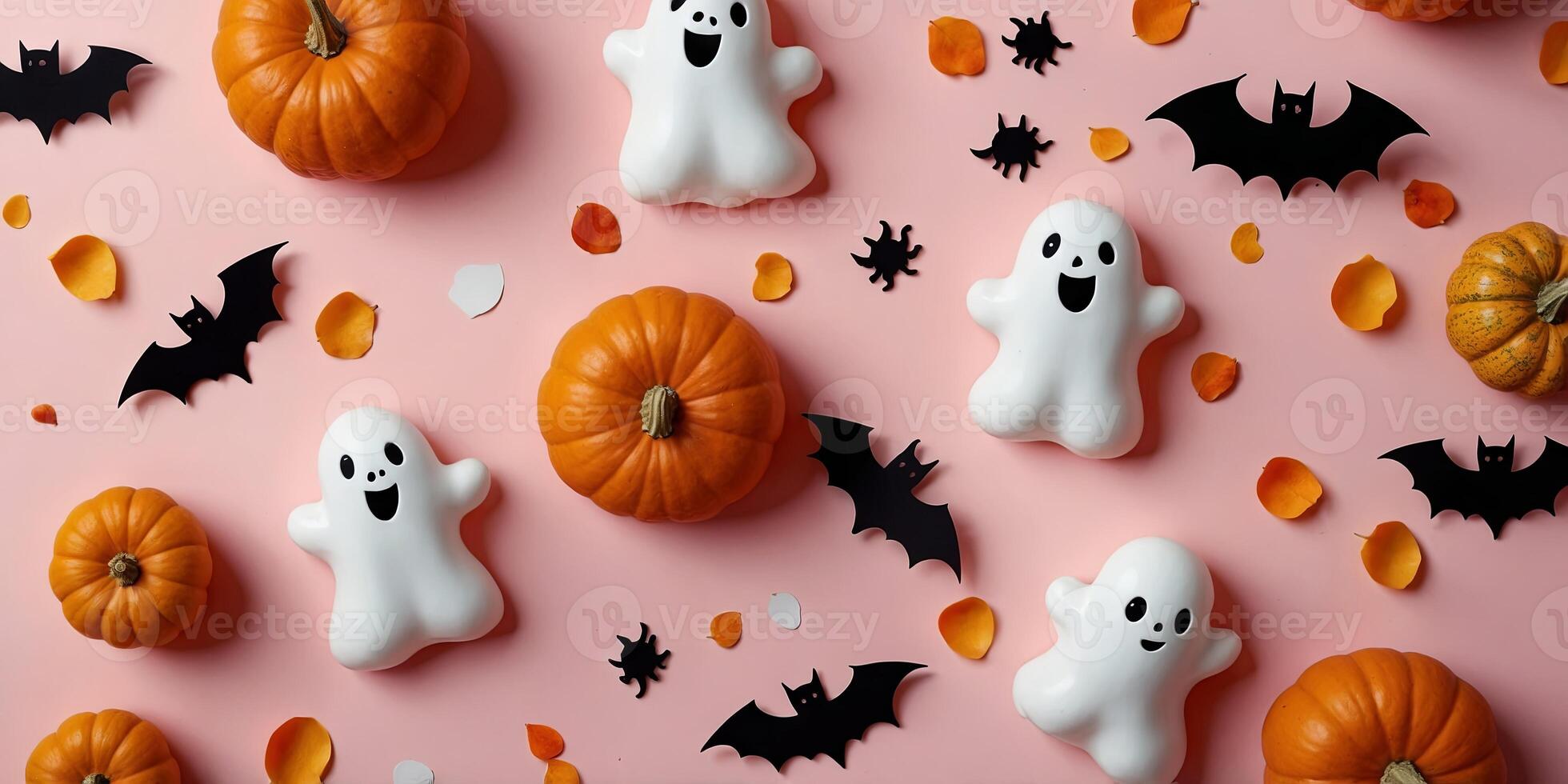 Happy Halloween concept Flat lay composition with cute ghosts, orange pumpkins, spiders, confetti on pink background Top view, copy space. photo