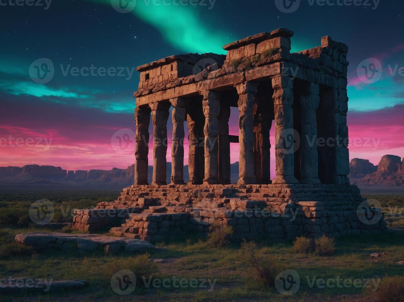 Holographic technology presenting wildlife safari and ancient ruins in an eco friendly city under a neon lit sky. photo