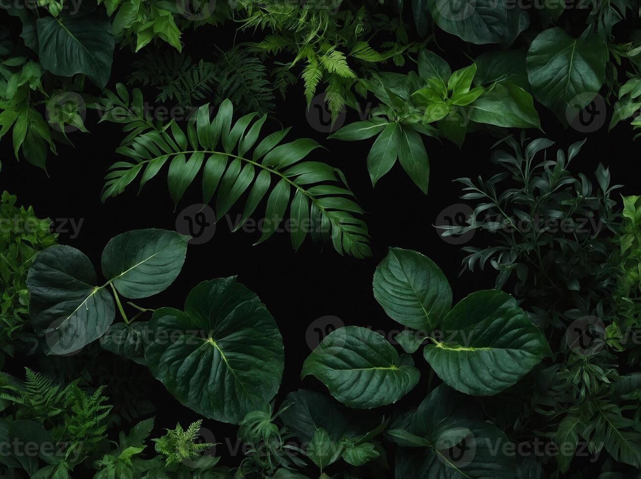 Lush green leaves bordering a black background - A creatively designed border of mixed green leaves on a dark surface implies life, freshness, and natural beauty. photo
