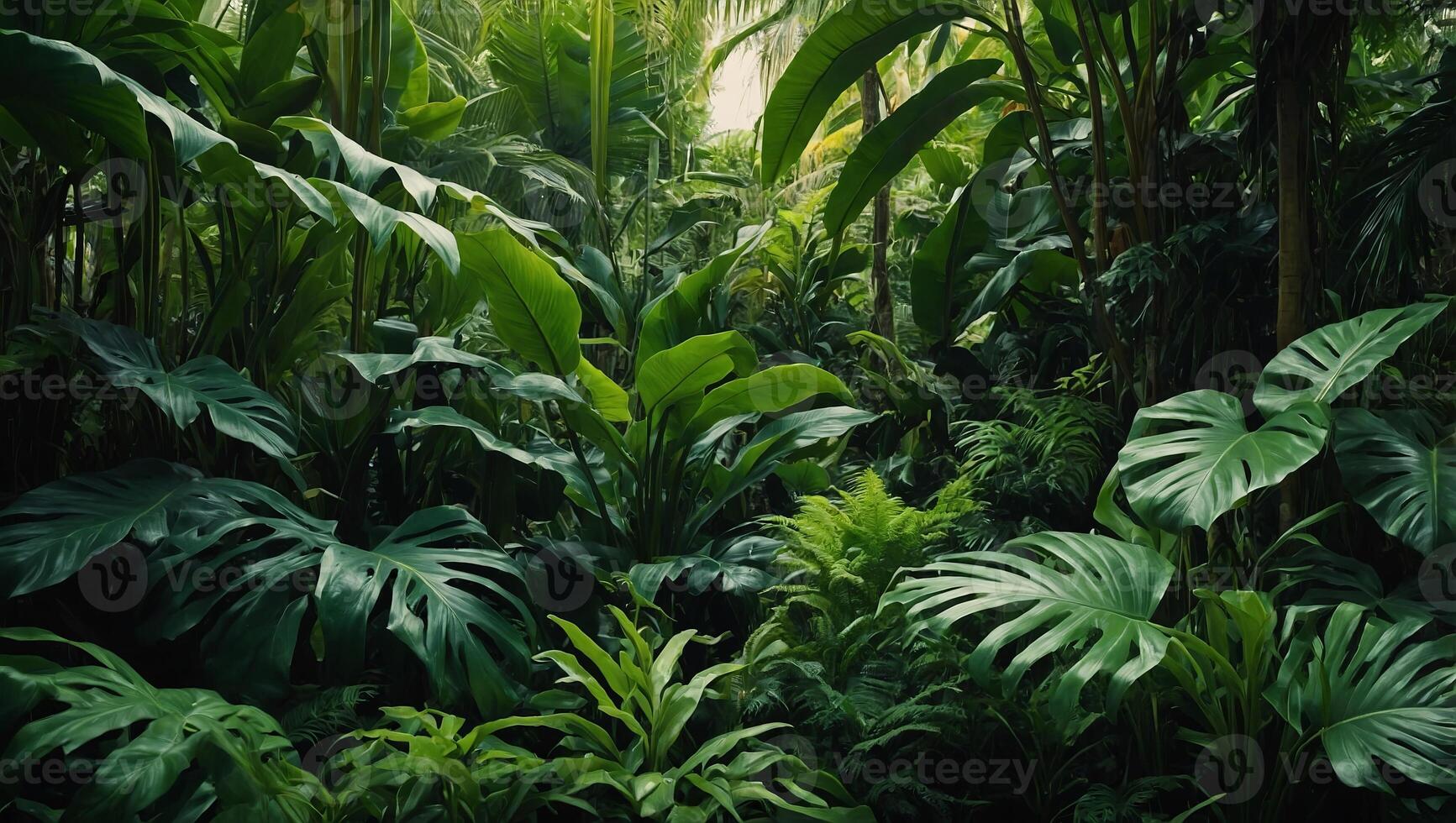 Lush green leaves of various shapes and sizes create a dense, vibrant tropical foliage backdrop, showcasing the beauty and diversity of plant life. photo