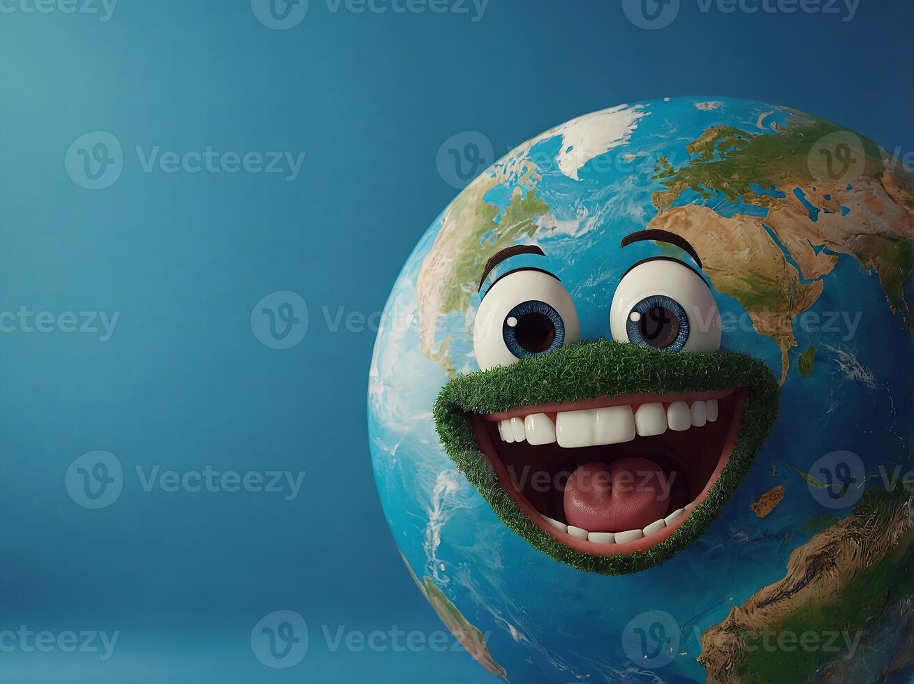 Joyful Earth character laughing on a blue background Happy Earth Day and World Laughter Day. photo