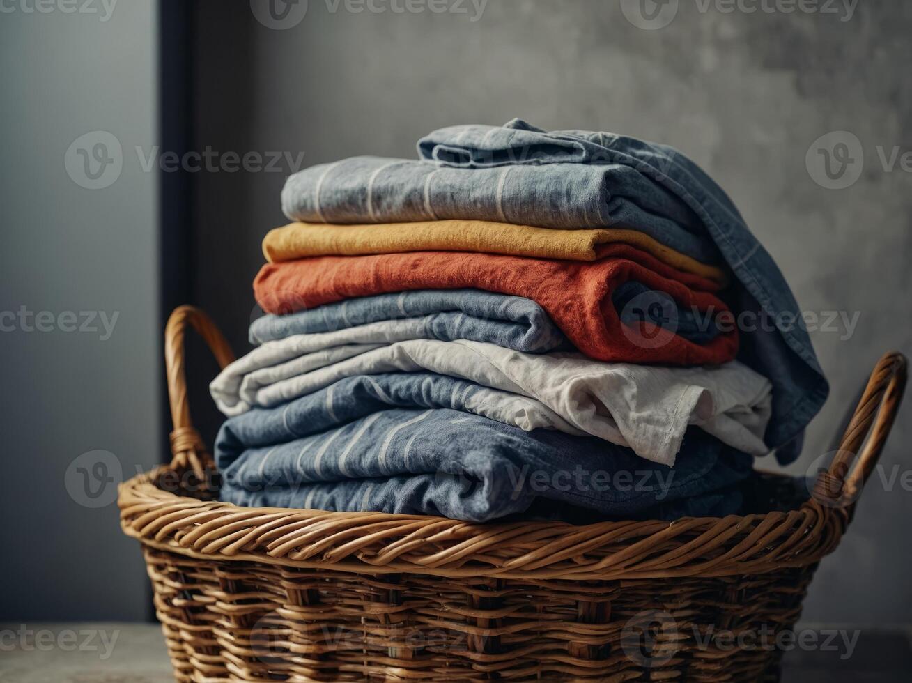 Laundry items stacked in a basket Space for text. photo