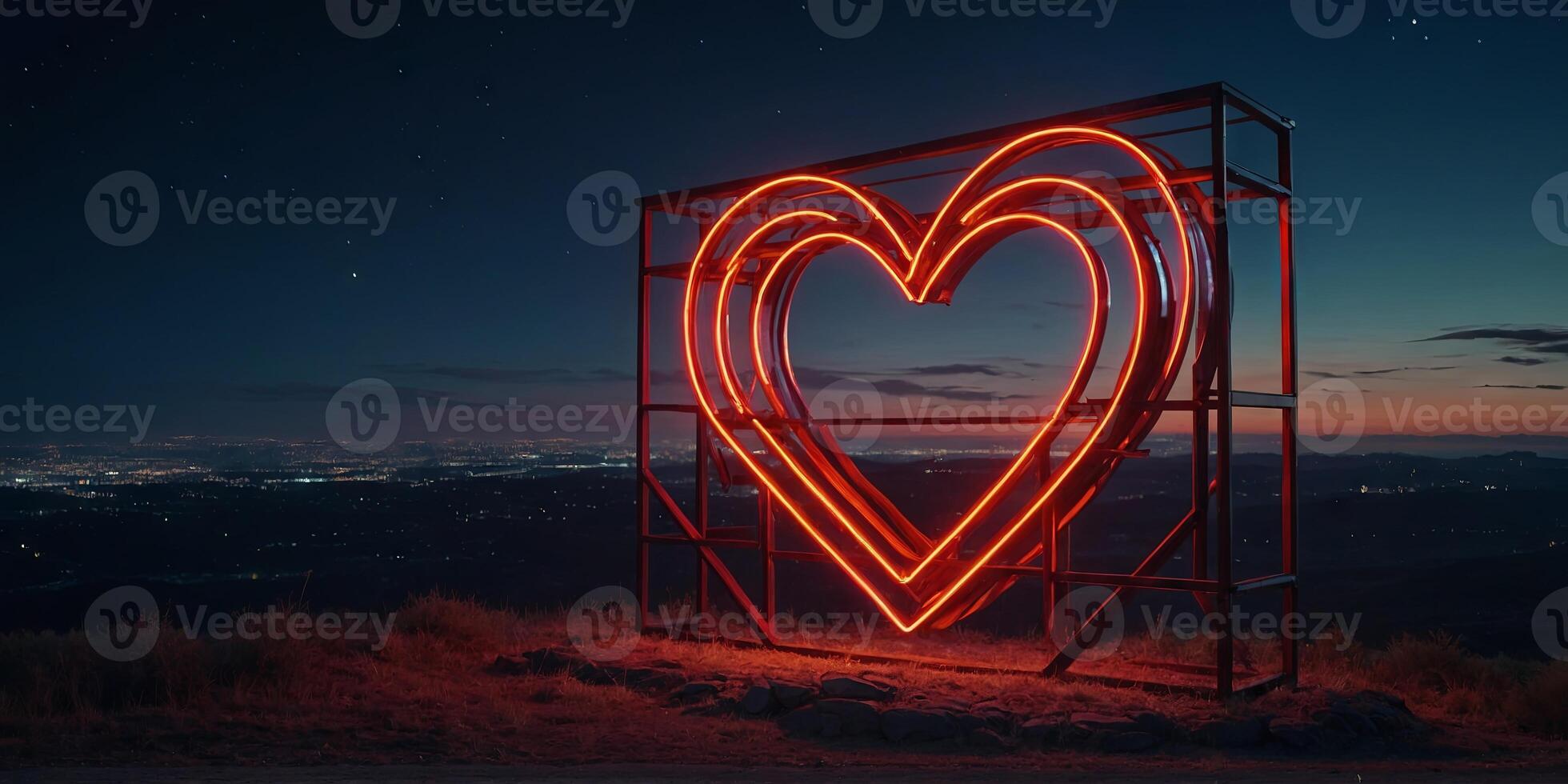 Large neon sign in the shape of a heart Glowing symbol of love Neon heart on night landscape. photo