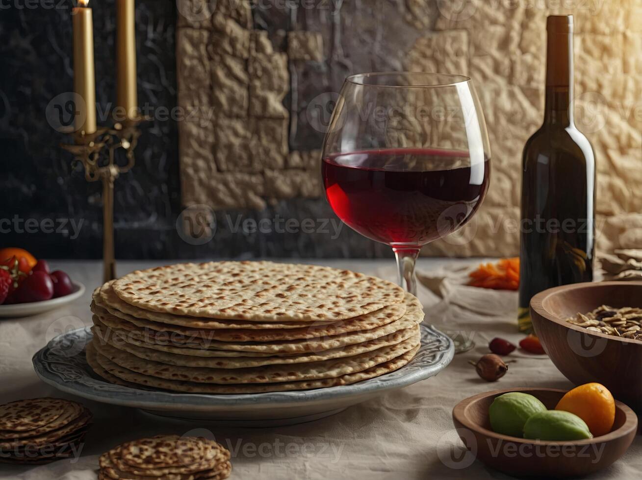 Jewish holiday Passover with matzah, pesah celebration four cup of kosher wine. photo