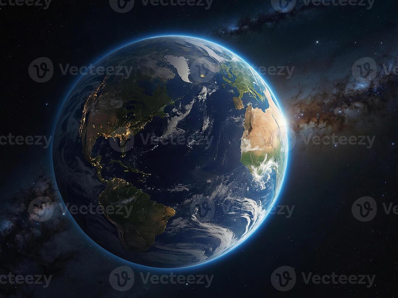 Planet Earth on starry space background, day and night transition. photo