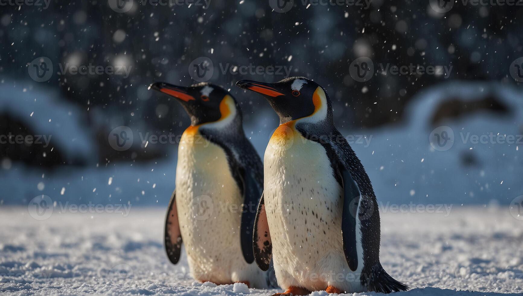 Penguin couple on Christmas on snowy icy backgrounds with copy space. photo