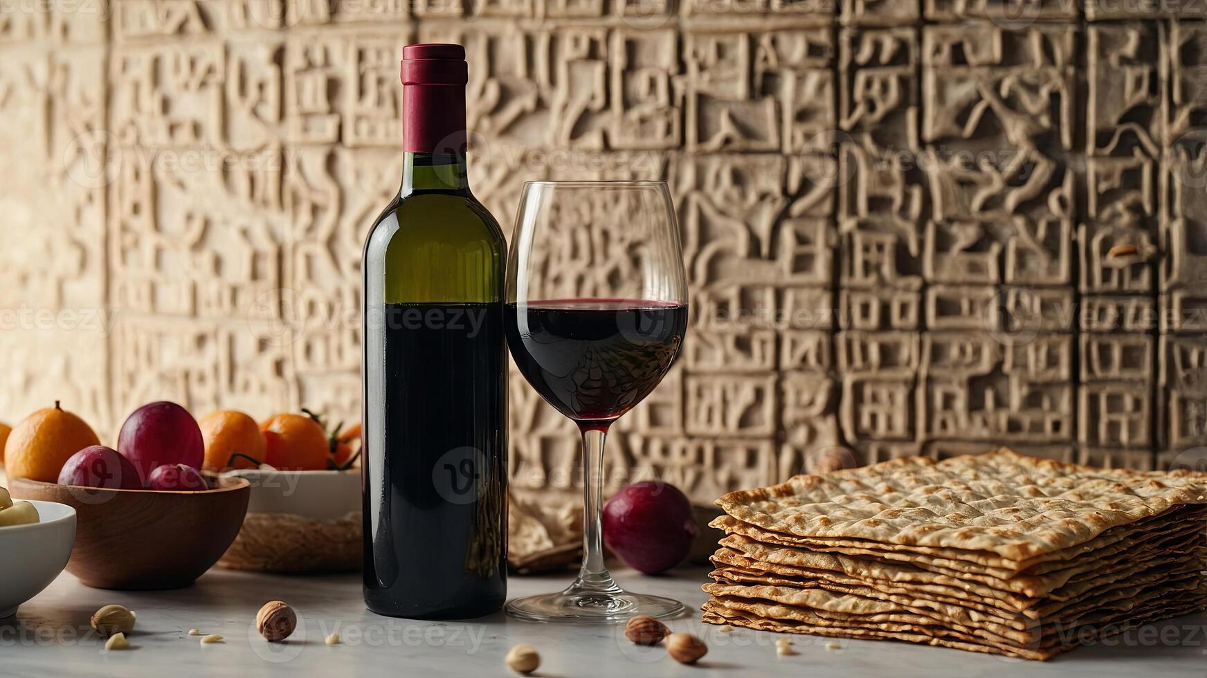 Jewish holiday Passover background with matzoh and wine bottle. photo