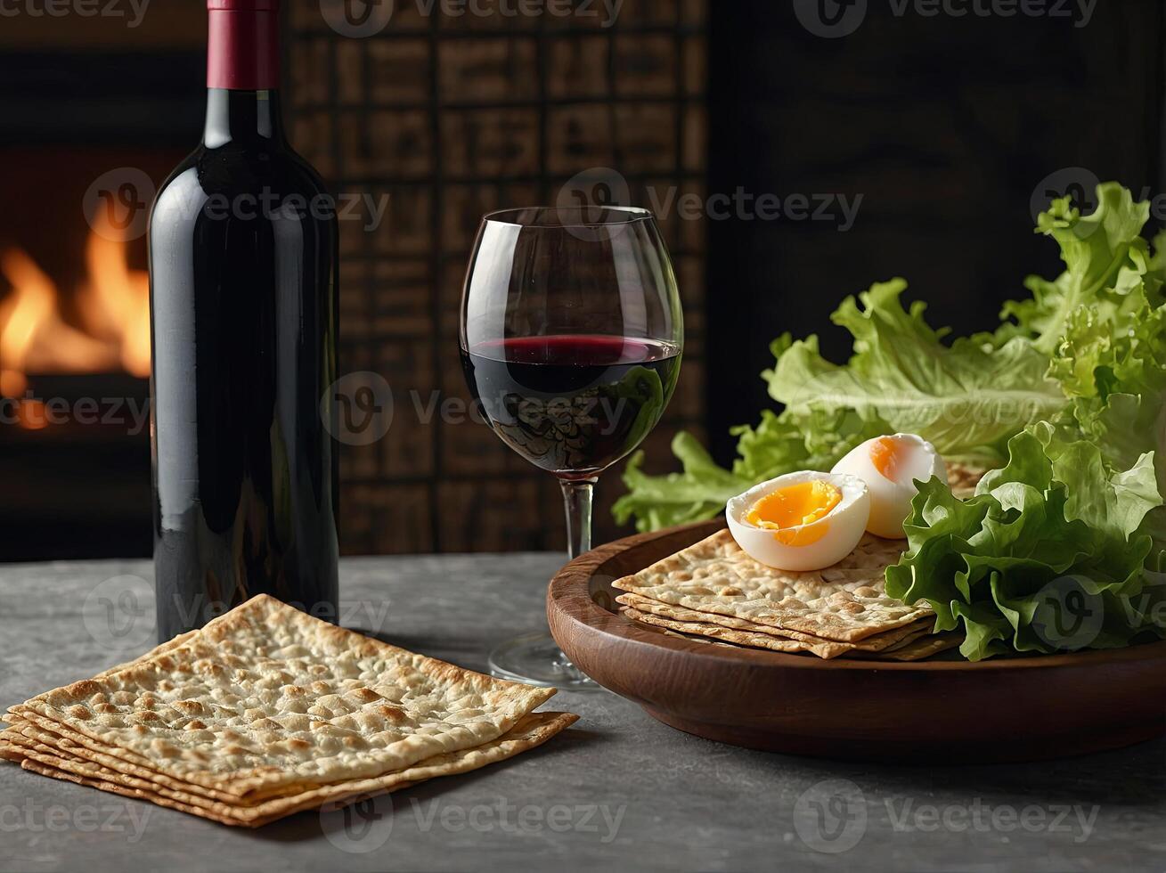 Passover celebration concept bottle of wine, matzo, egg and lettuce. photo