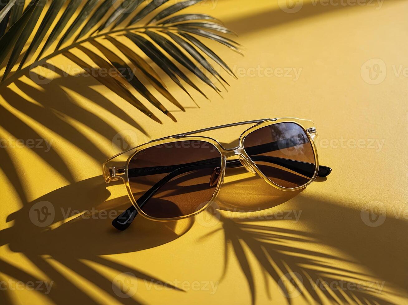 Palm leaf shadow with summer sunglasses on yellow background in sunlight in holiday vacation banner copy space for display of design. photo