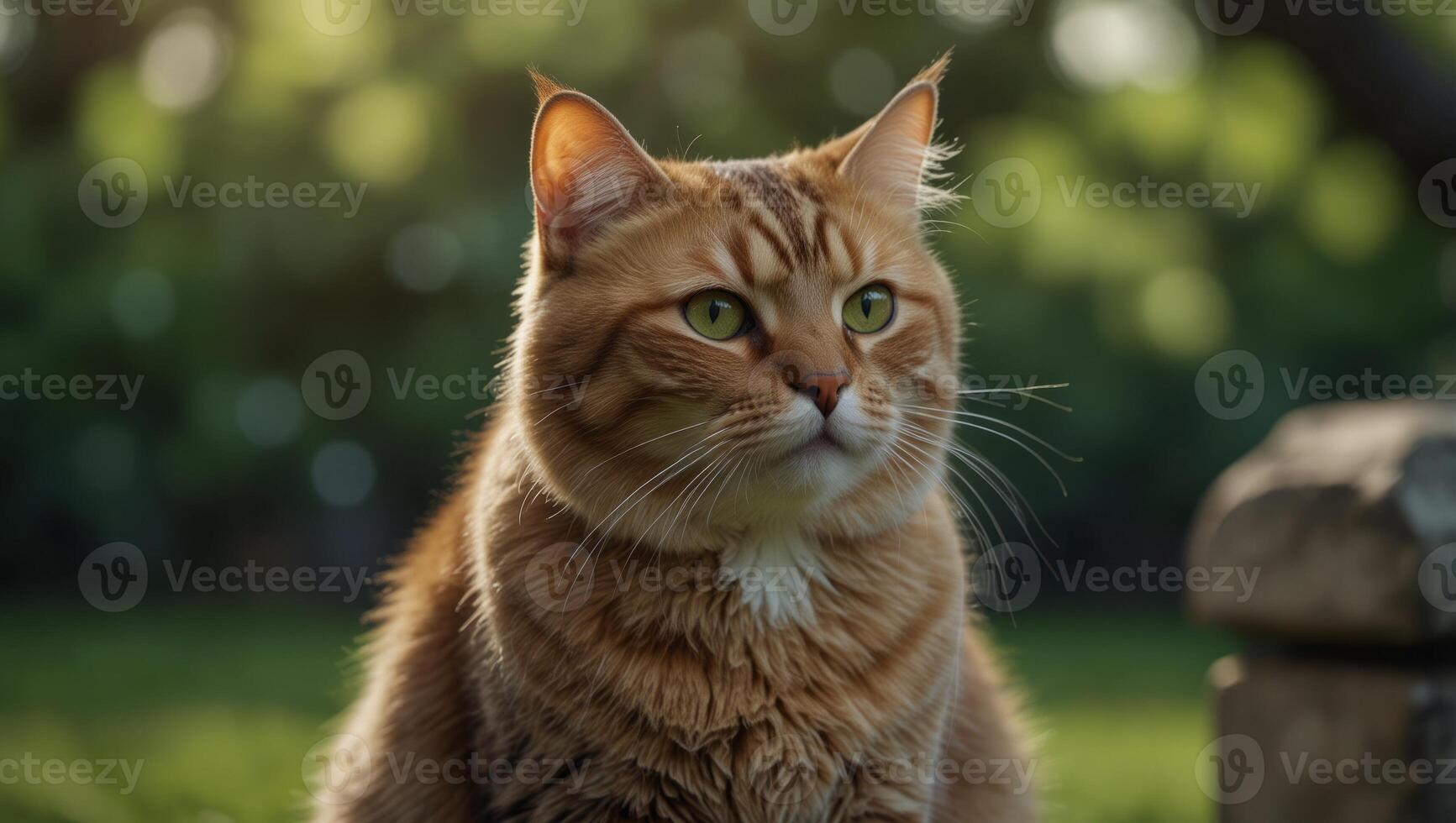 Overweight cat looking to side on blurred green background, concept of diabetes, lose weight and indoor life, with copy space. photo