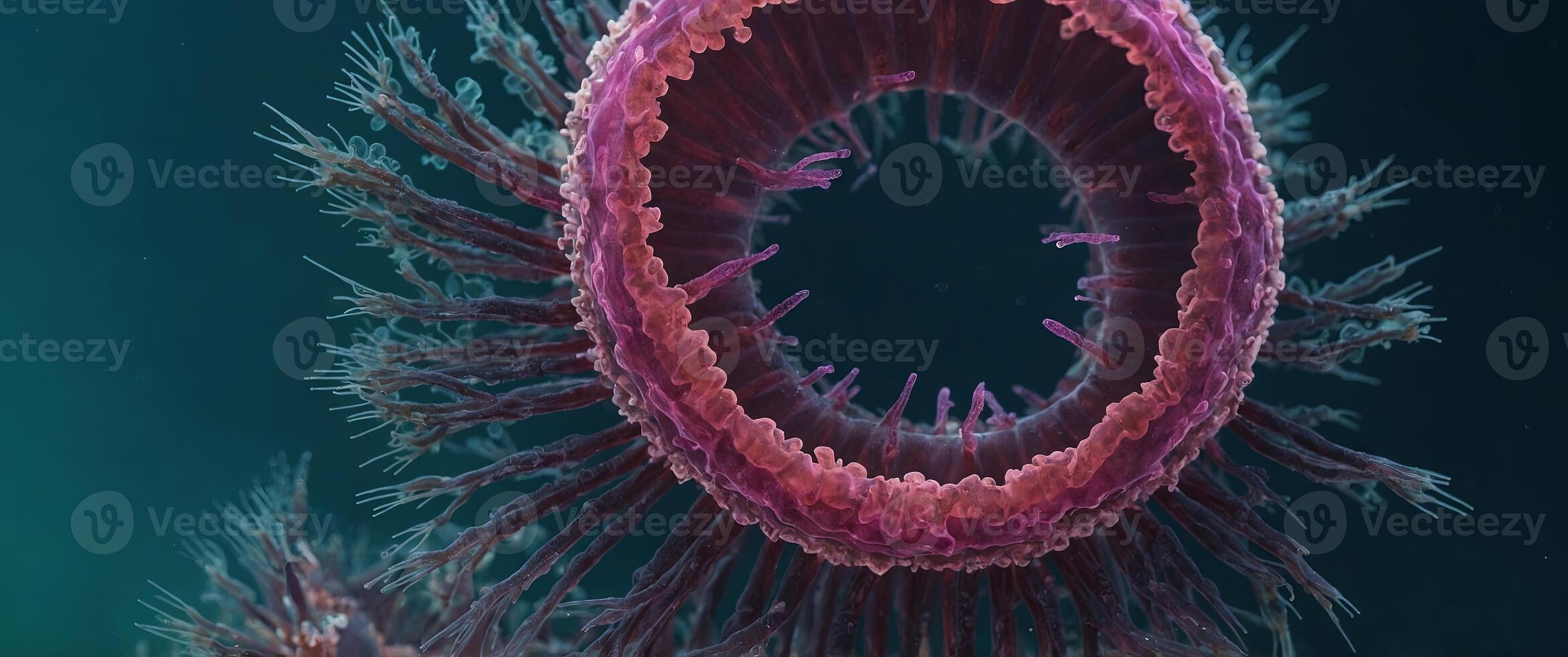 A marine phytoplankton with pink chlorophyll Protoperidinium sp Live cell 40x objective lens Stacked image Creative Banner Copyspace image. photo