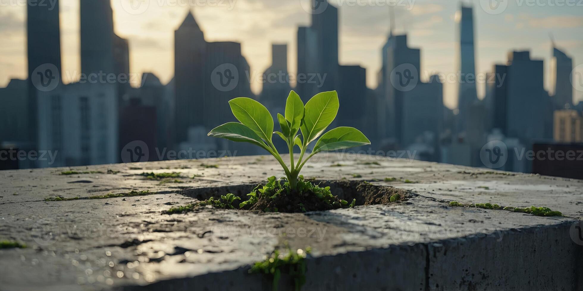 A single green shoot emerging from a concrete city skyline, indicating nature resilience. photo