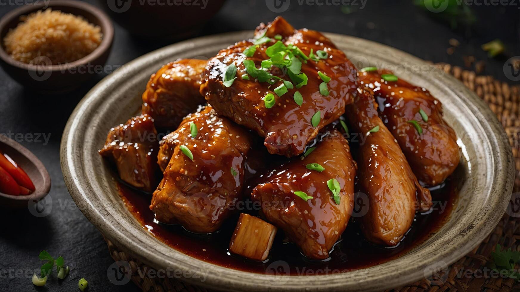 a Filipino adobo dish, chicken or pork in a savory soy sauce marinade, authentic style. photo