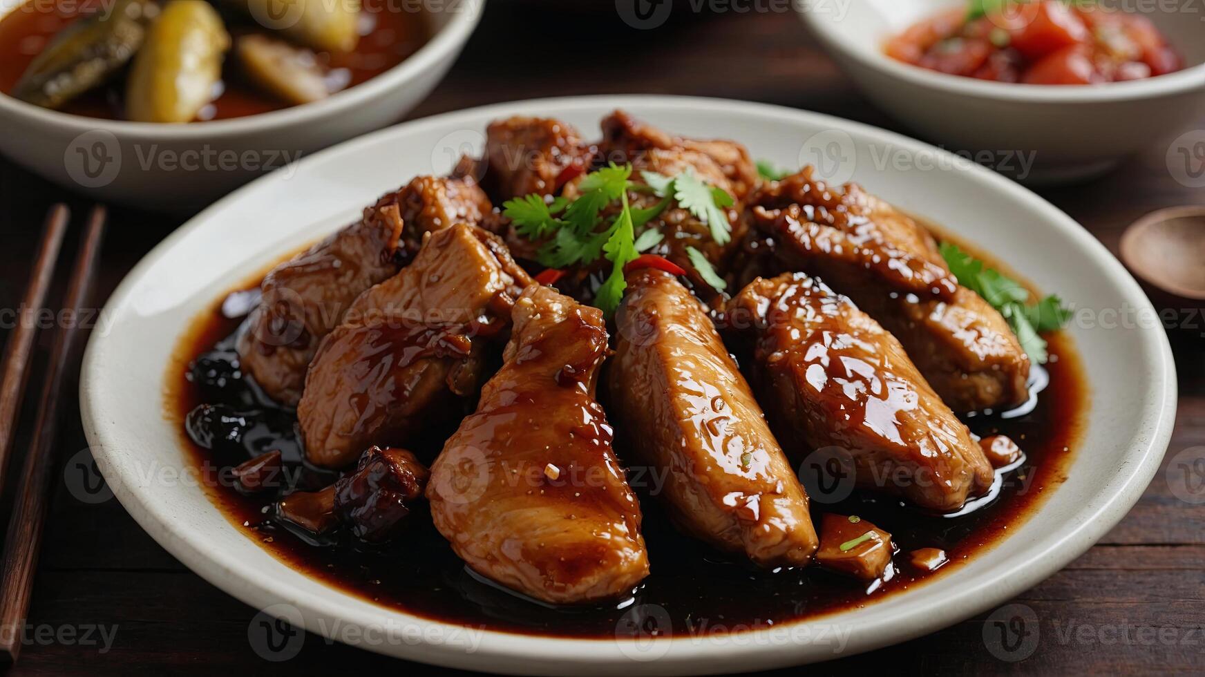 a Filipino adobo dish, chicken or pork in a savory soy sauce marinade, authentic style. photo