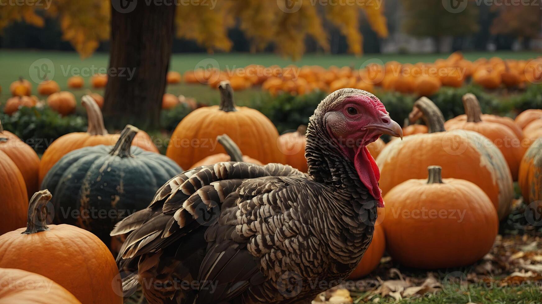 A small turkey standing in front of a group of pumpkins Autumn, Thanksgiving decor. photo