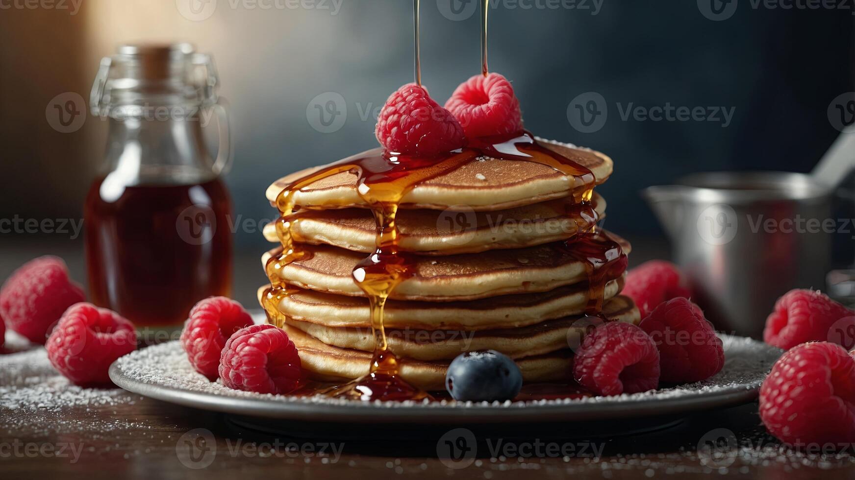A stack of pancakes with syrup and raspberries. photo