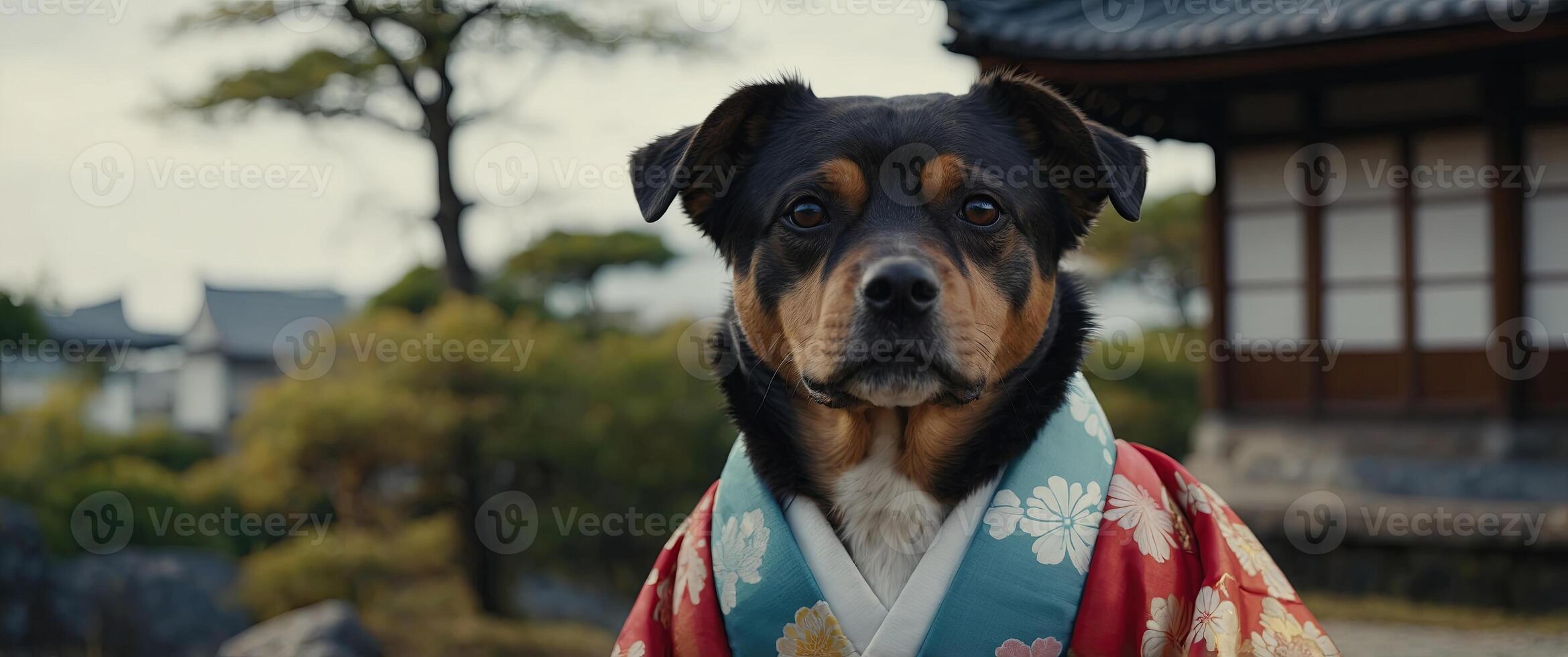 A stylish dog is wearing a Japanese kimono. photo